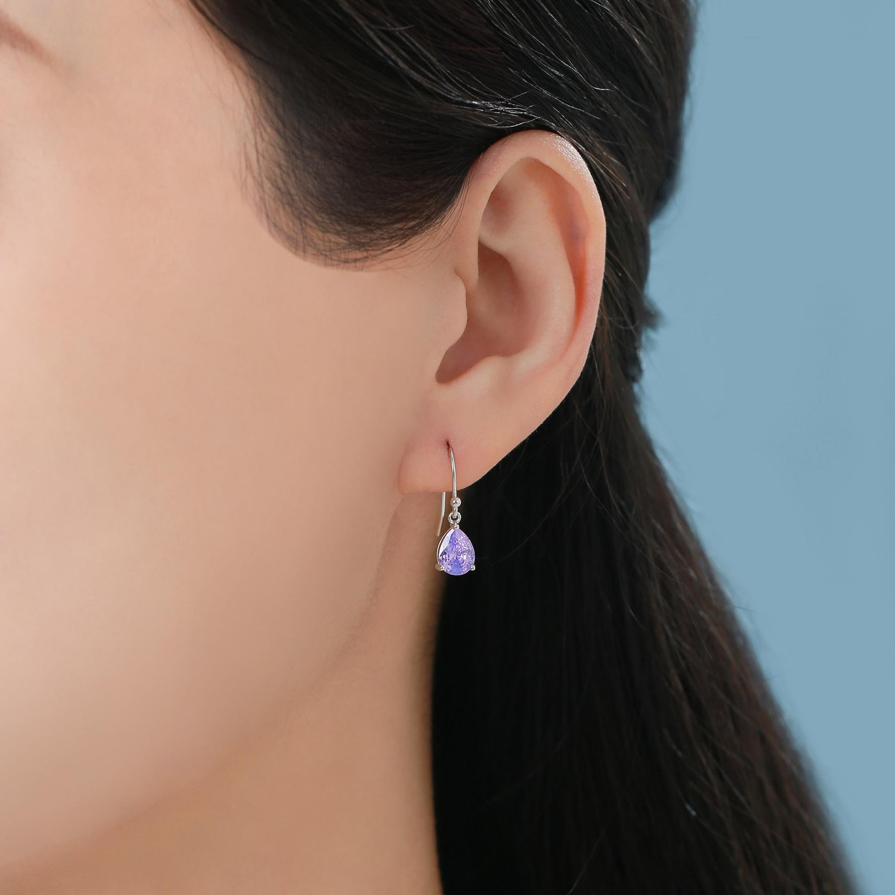Amethyst Purple Pear Cut CZ Drop Earrings in Sterling Silver, Silver or Gold, Lilac Purple Droplet Dangle Earrings