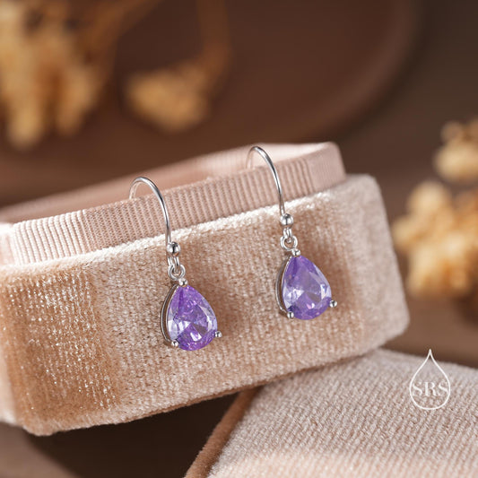 Amethyst Purple Pear Cut CZ Drop Earrings in Sterling Silver, Silver or Gold, Lilac Purple Droplet Dangle Earrings