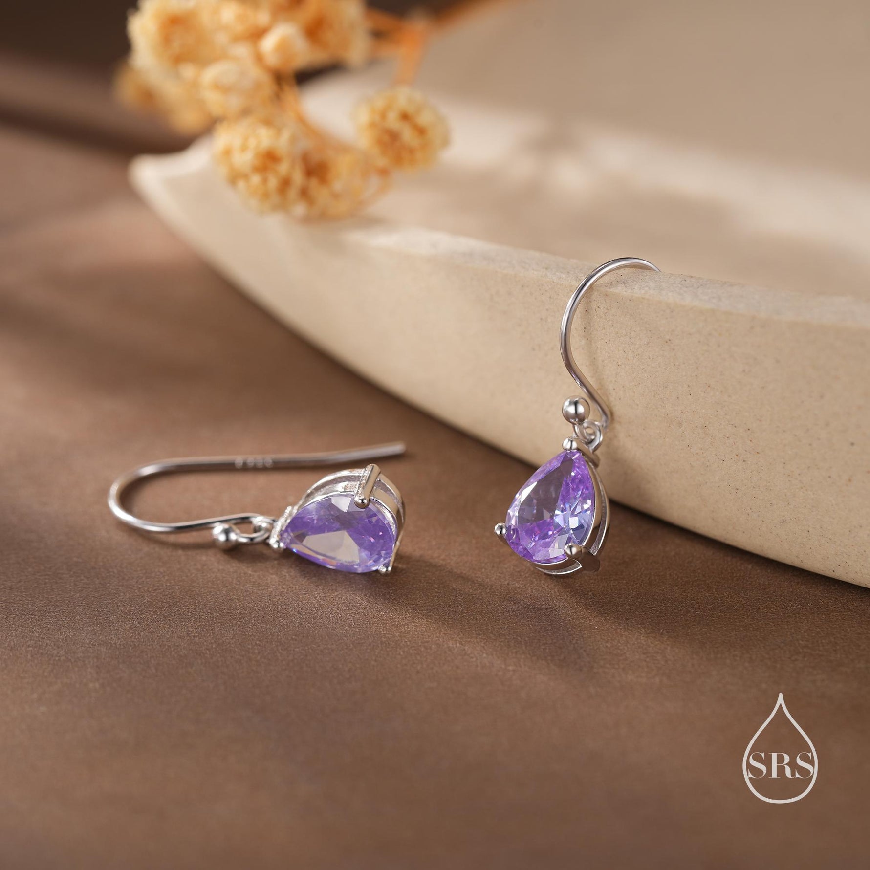 Amethyst Purple Pear Cut CZ Drop Earrings in Sterling Silver, Silver or Gold, Lilac Purple Droplet Dangle Earrings