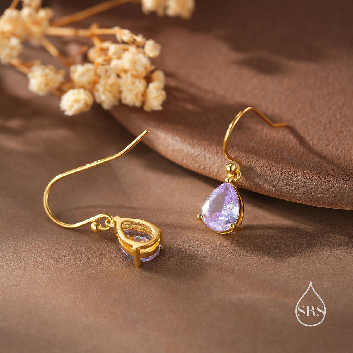 Amethyst Purple Pear Cut CZ Drop Earrings in Sterling Silver, Silver or Gold, Lilac Purple Droplet Dangle Earrings
