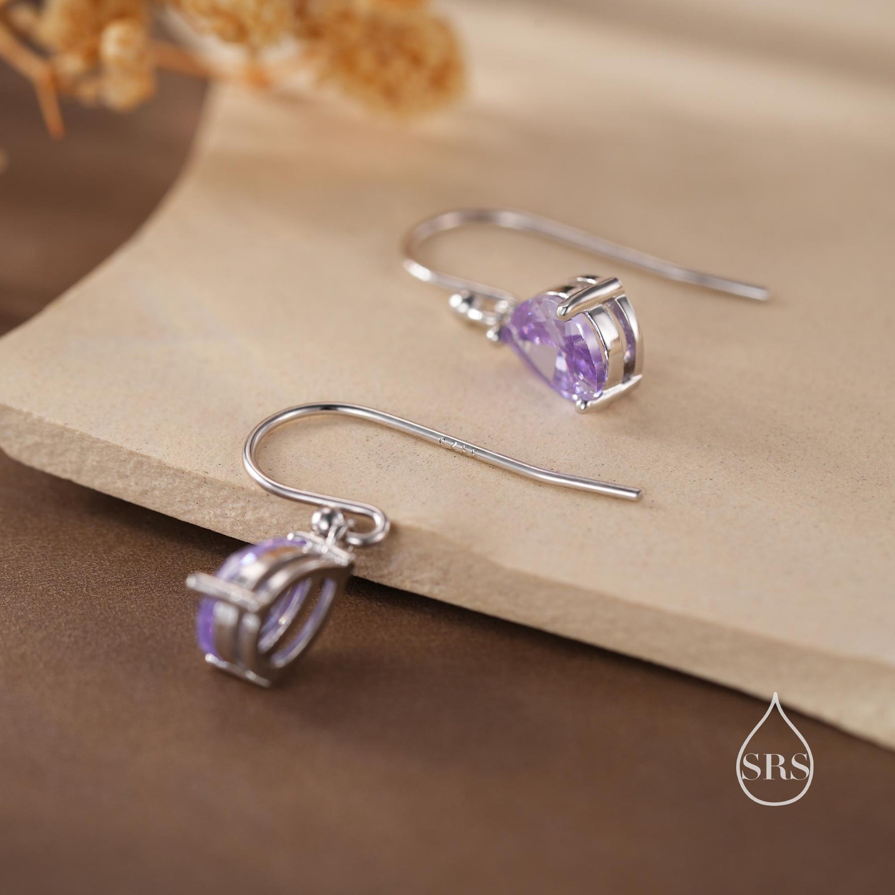Amethyst Purple Pear Cut CZ Drop Earrings in Sterling Silver, Silver or Gold, Lilac Purple Droplet Dangle Earrings