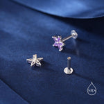Sterling Silver Purple Amethyst CZ Flower 16G Internally Threaded Flat Back Earrings