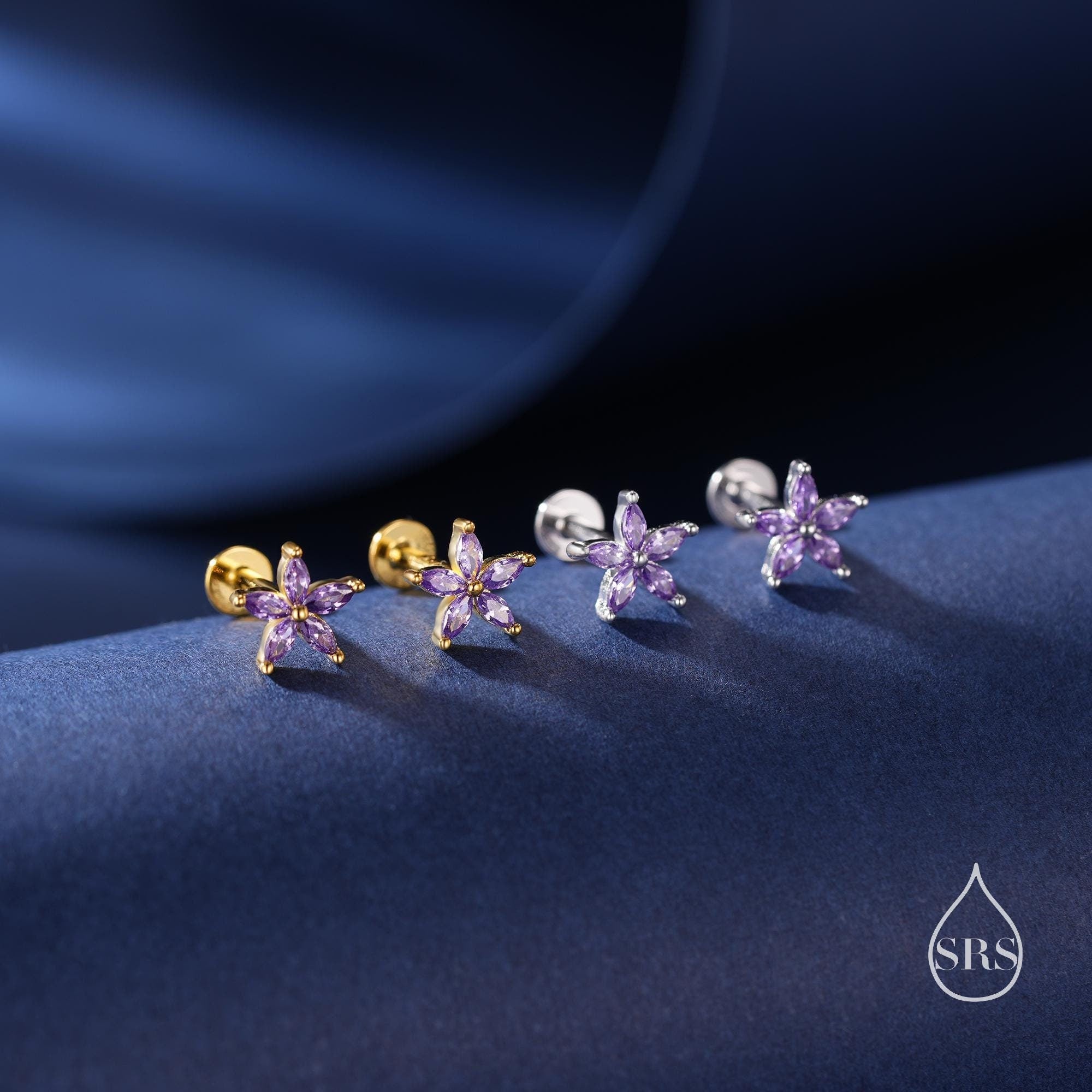 Sterling Silver Purple Amethyst CZ Flower 16G Internally Threaded Flat Back Earrings