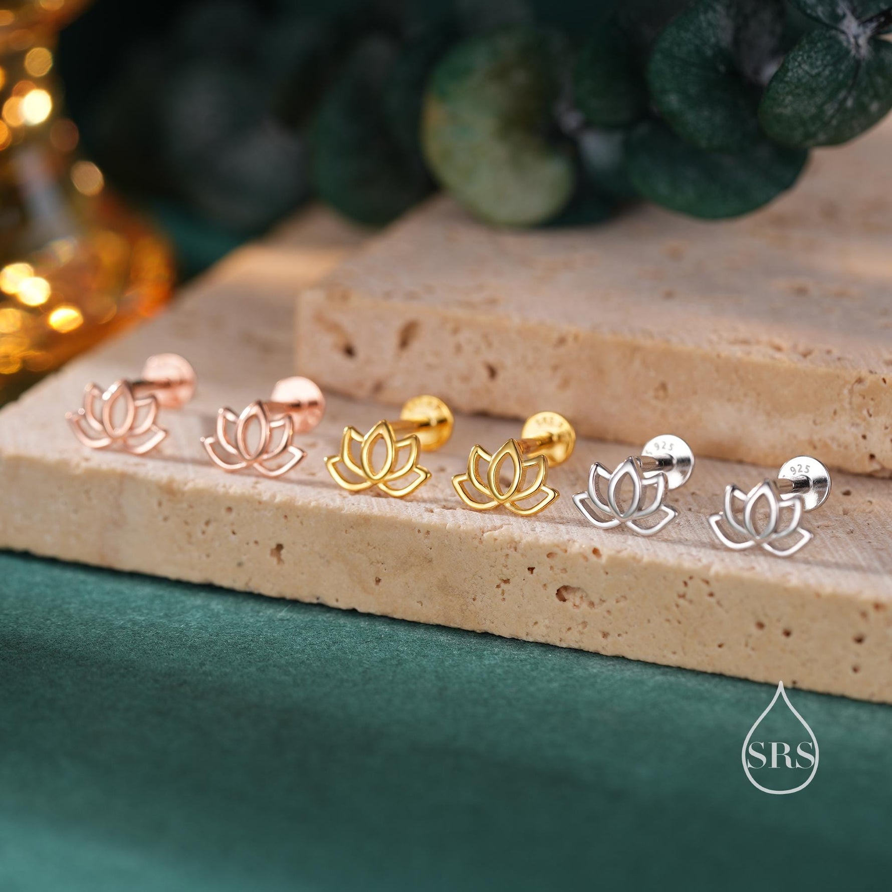 Lotus Flower 16G Internally Threaded Flat Back Earrings in Sterling Silver
