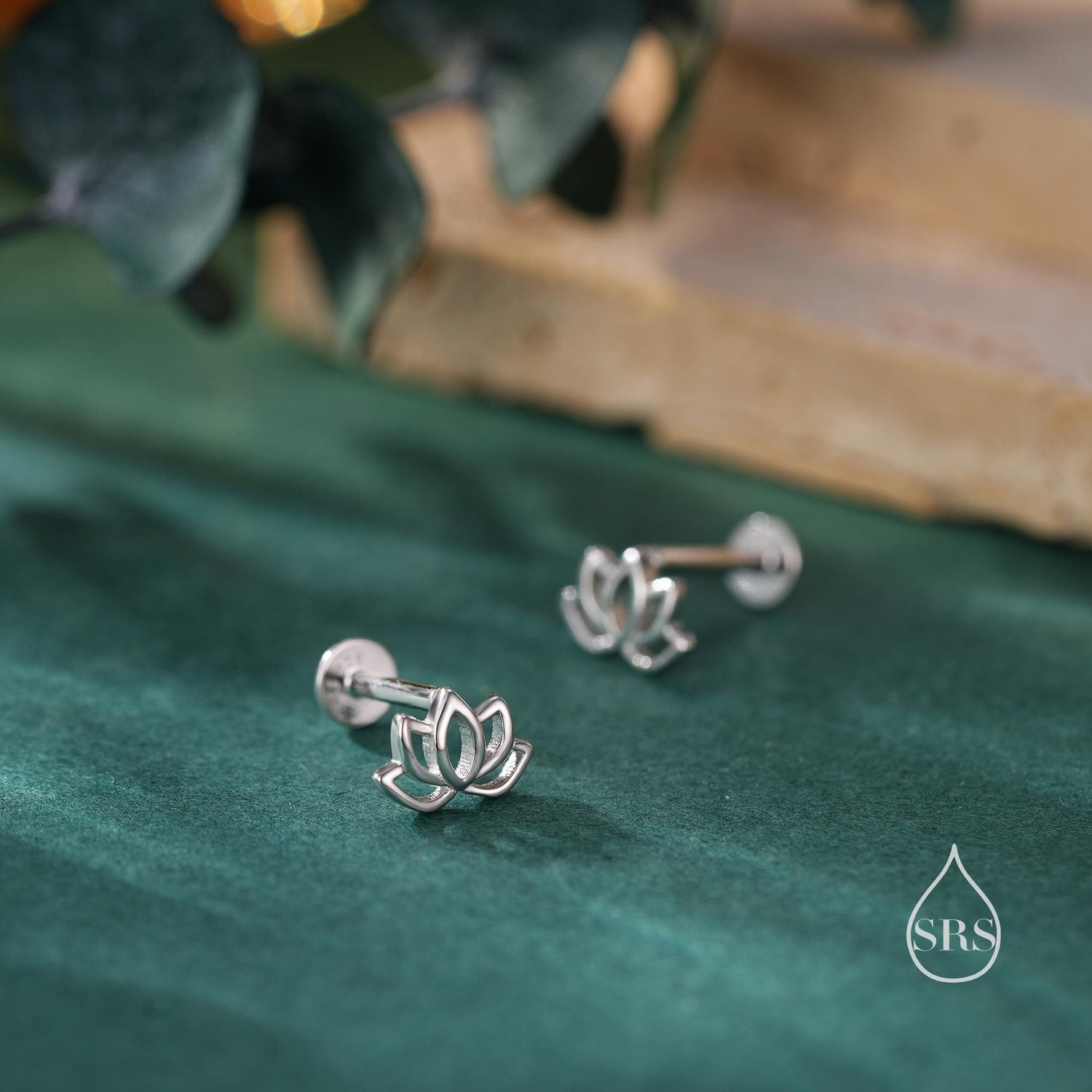 Lotus Flower 16G Internally Threaded Flat Back Earrings in Sterling Silver