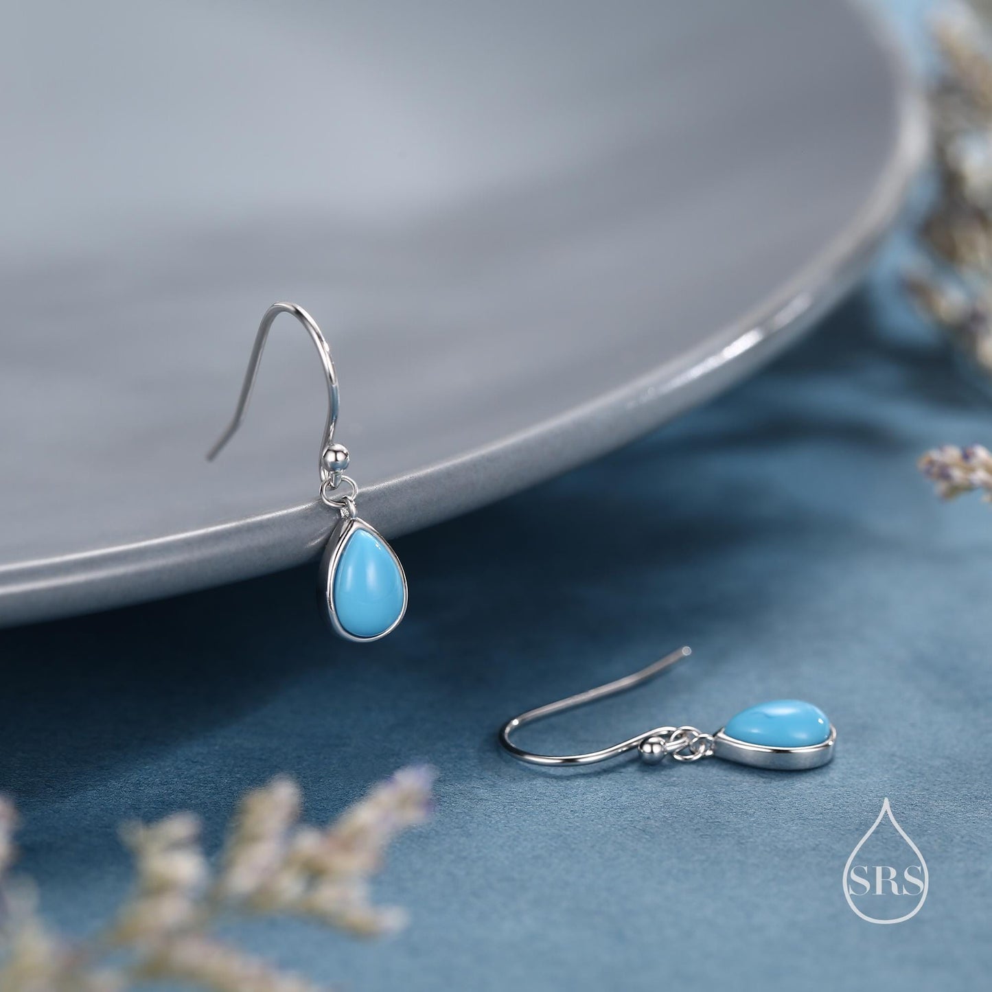 Pear Cut Blue Turquoise Stone Drop Hook Earrings in Sterling Silver, Natural Blue Turquoise Earrings, Pear Droplet Turquoise Earrings