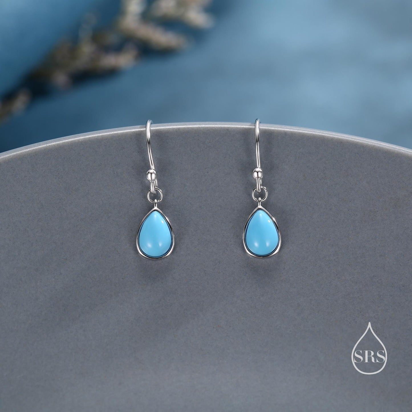 Pear Cut Blue Turquoise Stone Drop Hook Earrings in Sterling Silver, Natural Blue Turquoise Earrings, Pear Droplet Turquoise Earrings