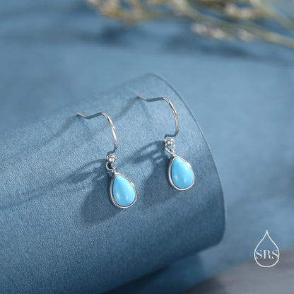 Pear Cut Blue Turquoise Stone Drop Hook Earrings in Sterling Silver, Natural Blue Turquoise Earrings, Pear Droplet Turquoise Earrings