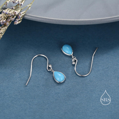 Pear Cut Blue Turquoise Stone Drop Hook Earrings in Sterling Silver, Natural Blue Turquoise Earrings, Pear Droplet Turquoise Earrings