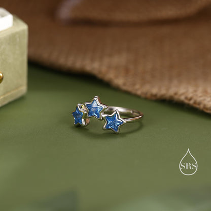 Sterling Silver Triple Star CZ Ring, Blue or Clear CZ Crystal Star Ring, Adjustable Size, Celestial Jewellery, CZ Star Ring