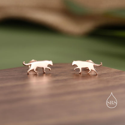 Small Leopard Silhouette Stud Earrings in Sterling Silver, Silver or Gold or Rose Gold, Jaguar Earrings,  Nature Inspired Animal Earrings