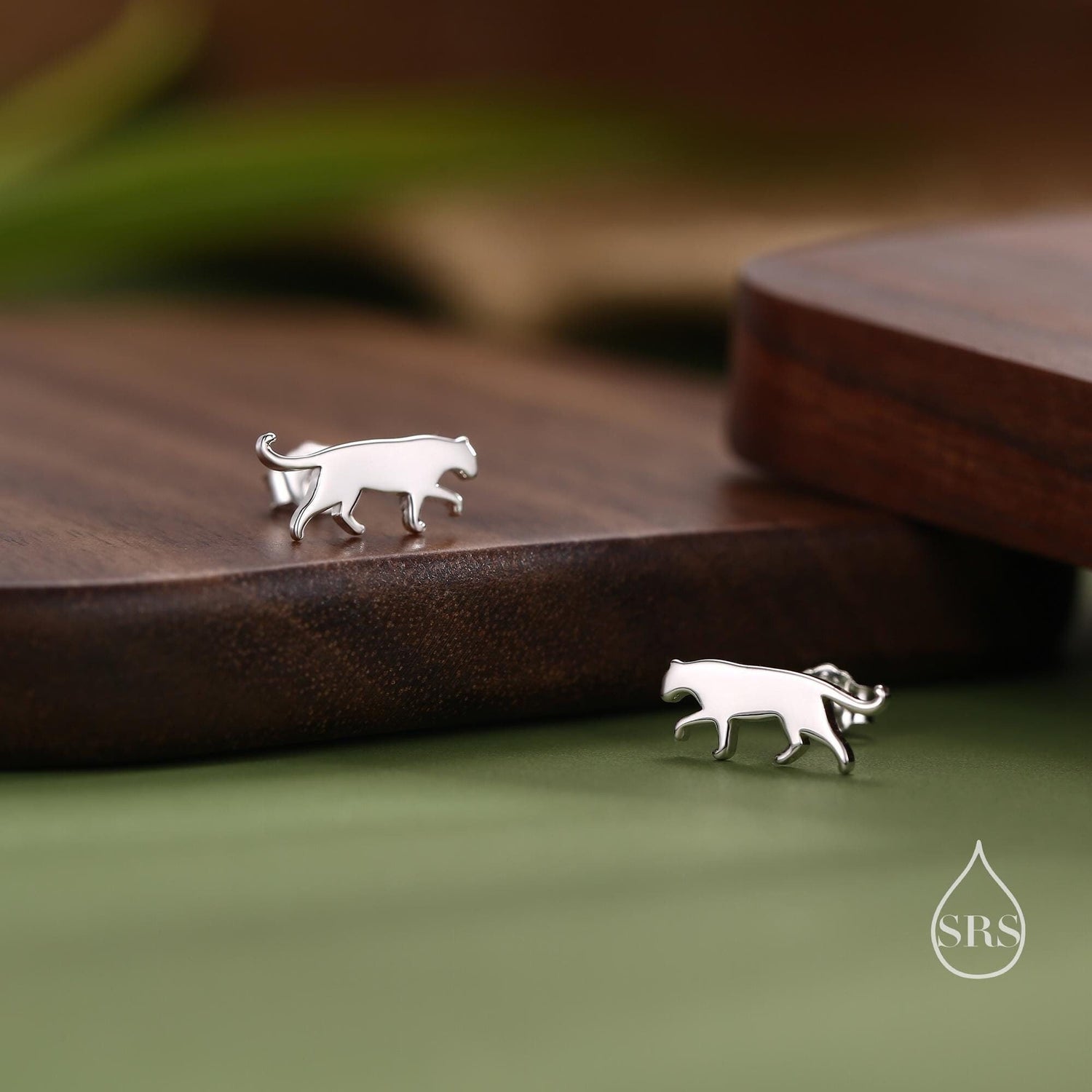 Small Leopard Silhouette Stud Earrings in Sterling Silver, Silver or Gold or Rose Gold, Jaguar Earrings,  Nature Inspired Animal Earrings