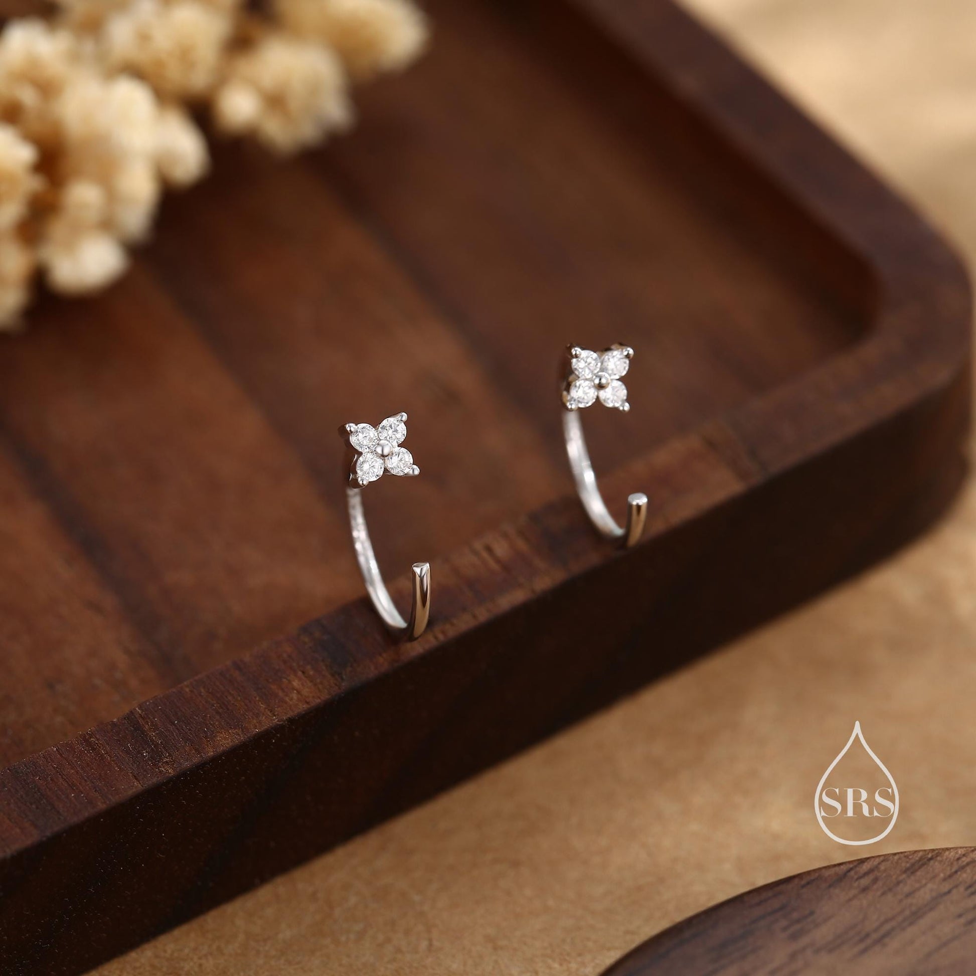 CZ Hydrangea Flower Huggie Hoop Earrings in Sterling Silver, Tiny CZ Open Hoops, Pull Through Threaders, Half Hoops