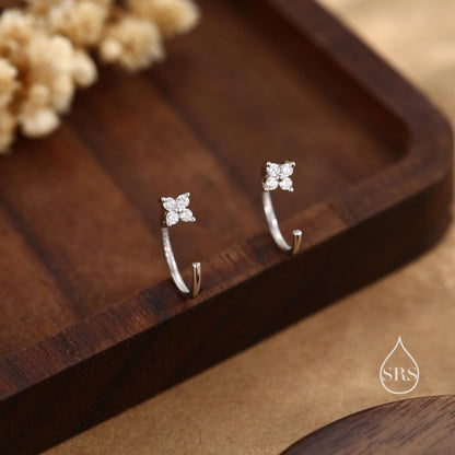 CZ Hydrangea Flower Huggie Hoop Earrings in Sterling Silver, Tiny CZ Open Hoops, Pull Through Threaders, Half Hoops