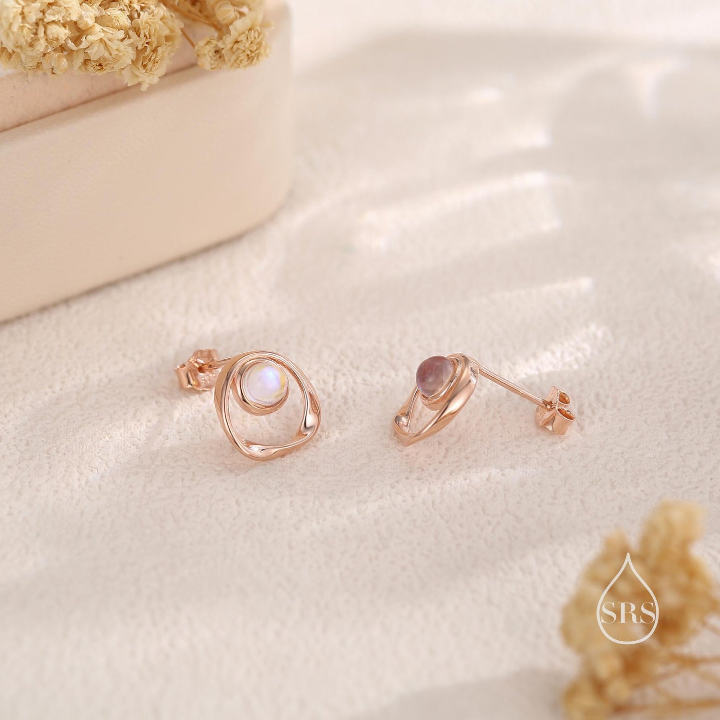 Simulated Moonstone and Mobius Circle Stud Earrings in Sterling Silver, Silver or Gold or Rose Gold, Moonstone Circle Earrings