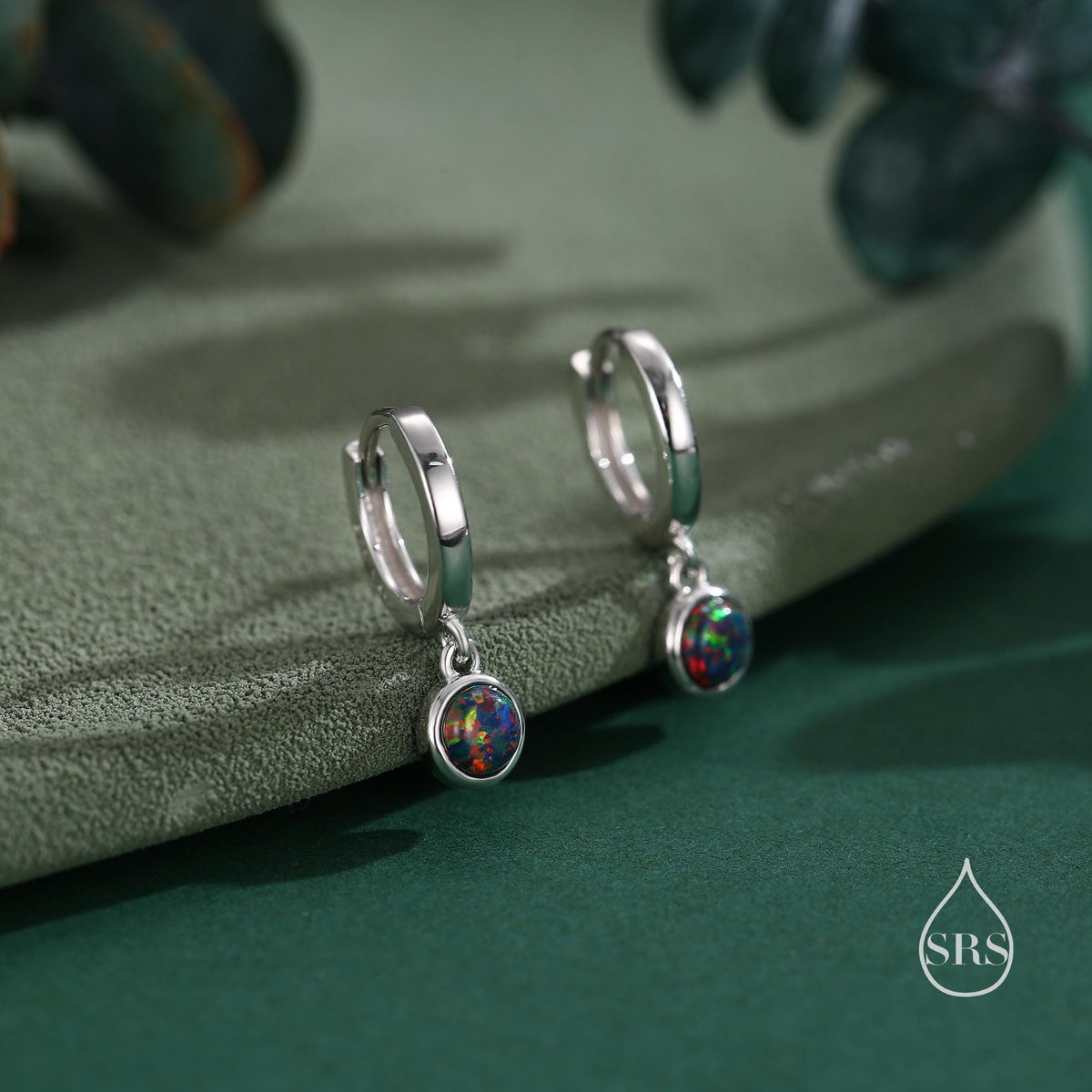 Sterling Silver Dangling Black Opal Hoop Earrings, Lab Created Black Opal Charm Dangle Hoop Earrings, Silver or Gold