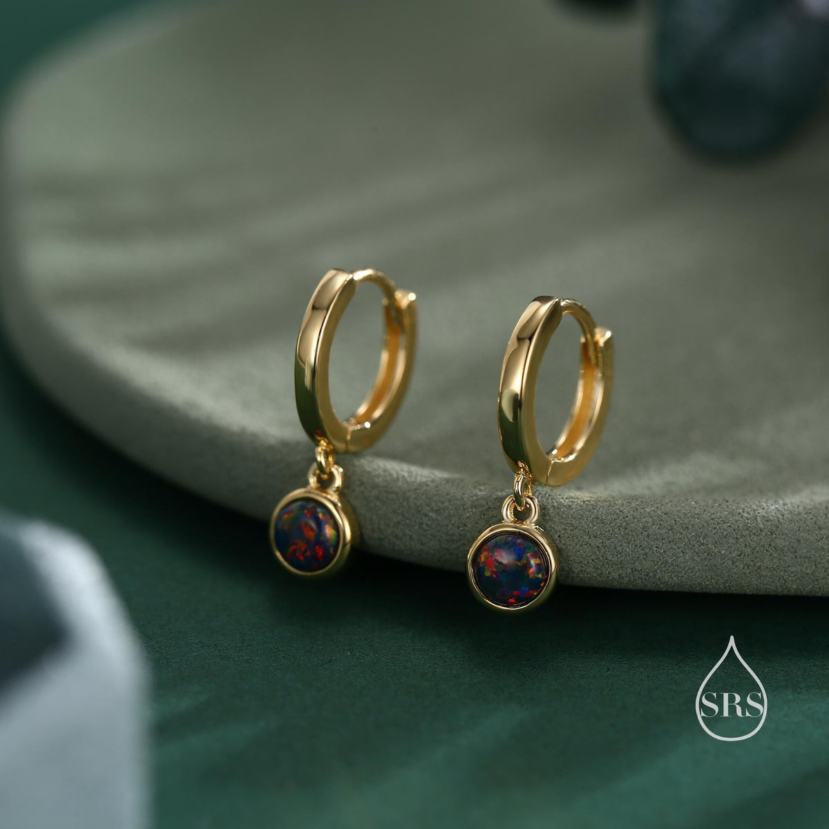 Sterling Silver Dangling Black Opal Hoop Earrings, Lab Created Black Opal Charm Dangle Hoop Earrings, Silver or Gold