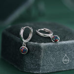 Sterling Silver Dangling Black Opal Hoop Earrings, Lab Created Black Opal Charm Dangle Hoop Earrings, Silver or Gold