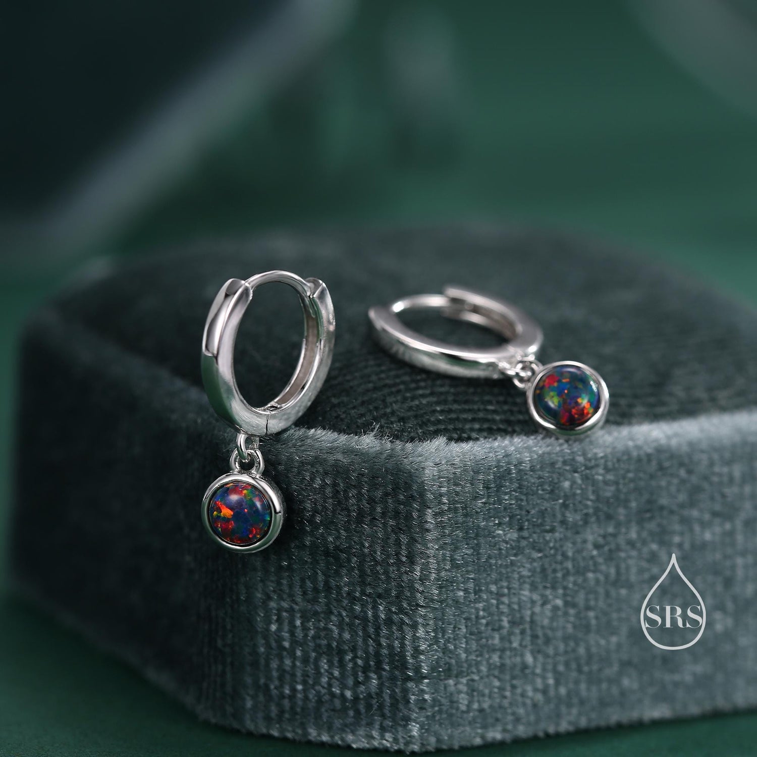 Sterling Silver Dangling Black Opal Hoop Earrings, Lab Created Black Opal Charm Dangle Hoop Earrings, Silver or Gold