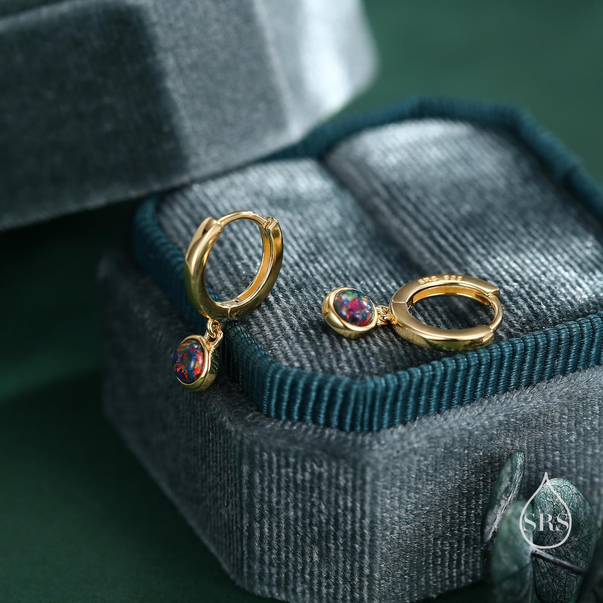 Sterling Silver Dangling Black Opal Hoop Earrings, Lab Created Black Opal Charm Dangle Hoop Earrings, Silver or Gold
