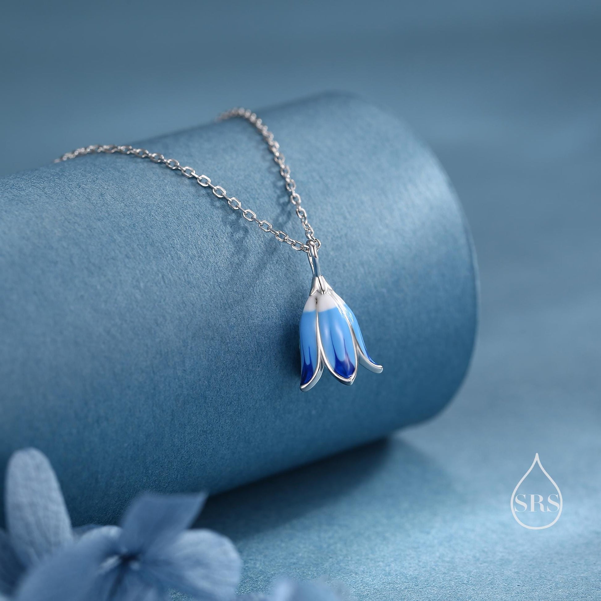 Sterling Silver Enamel Bluebell Flower Pendant Necklace, Dainty