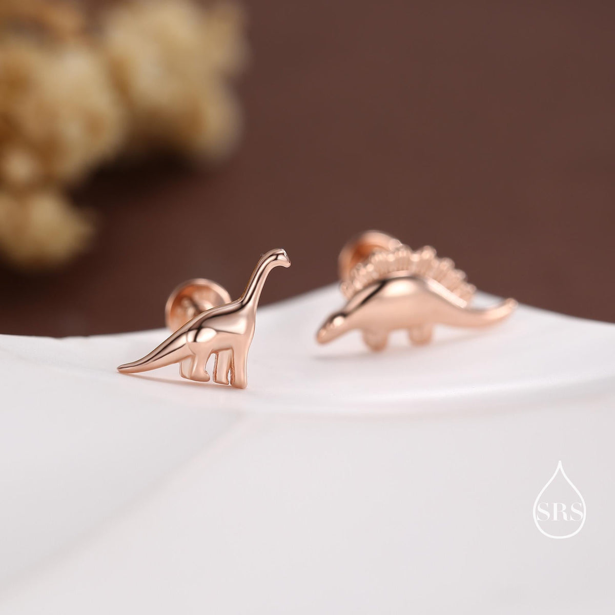 Mismatched Dinosaur Internally Threaded Flat Back /Screw Back / Stud Earrings in Sterling Silver, Silver or Gold or Rose Gold, Asymmetric