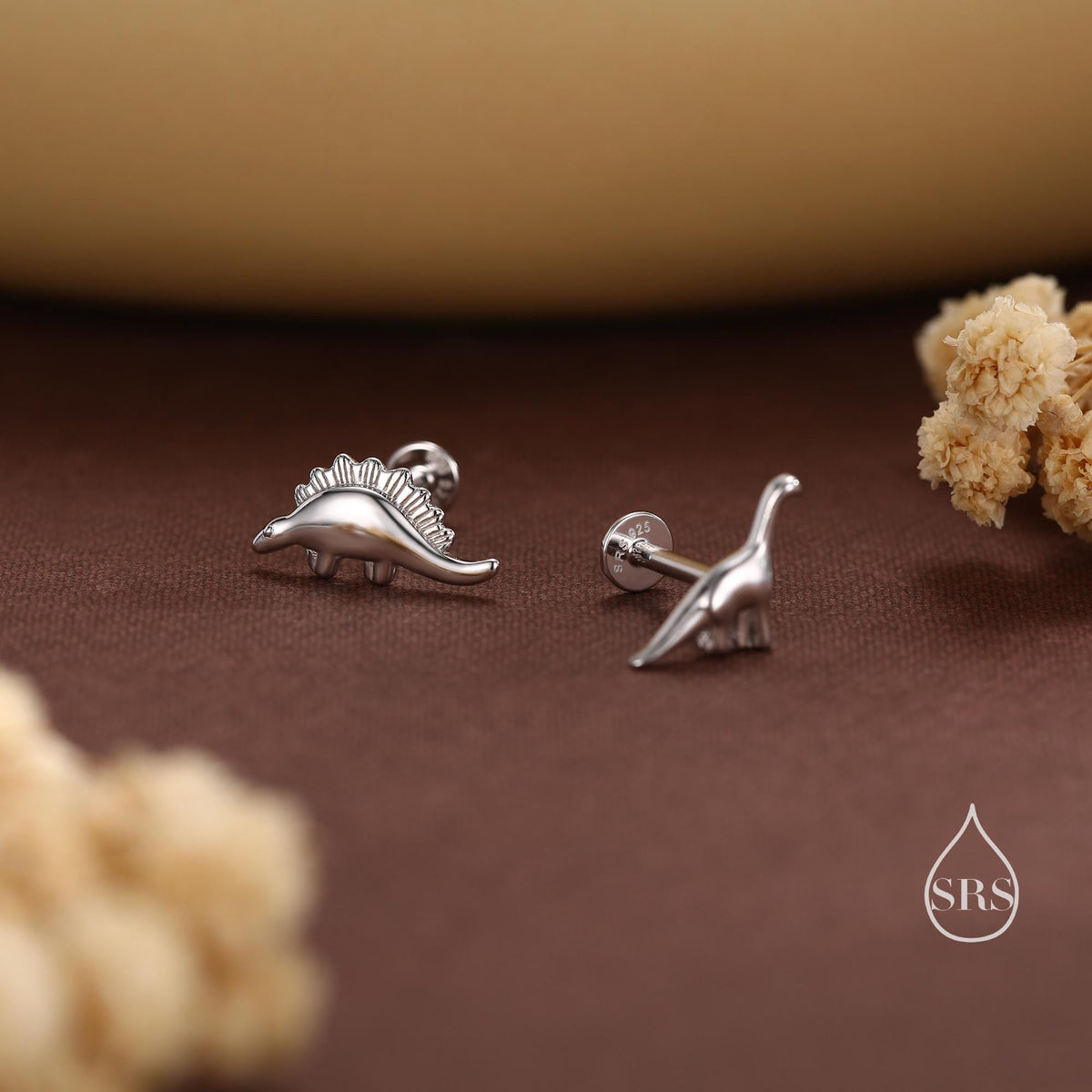 Mismatched Dinosaur Internally Threaded Flat Back /Screw Back / Stud Earrings in Sterling Silver, Silver or Gold or Rose Gold, Asymmetric