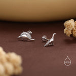 Mismatched Dinosaur Internally Threaded Flat Back /Screw Back / Stud Earrings in Sterling Silver, Silver or Gold or Rose Gold, Asymmetric