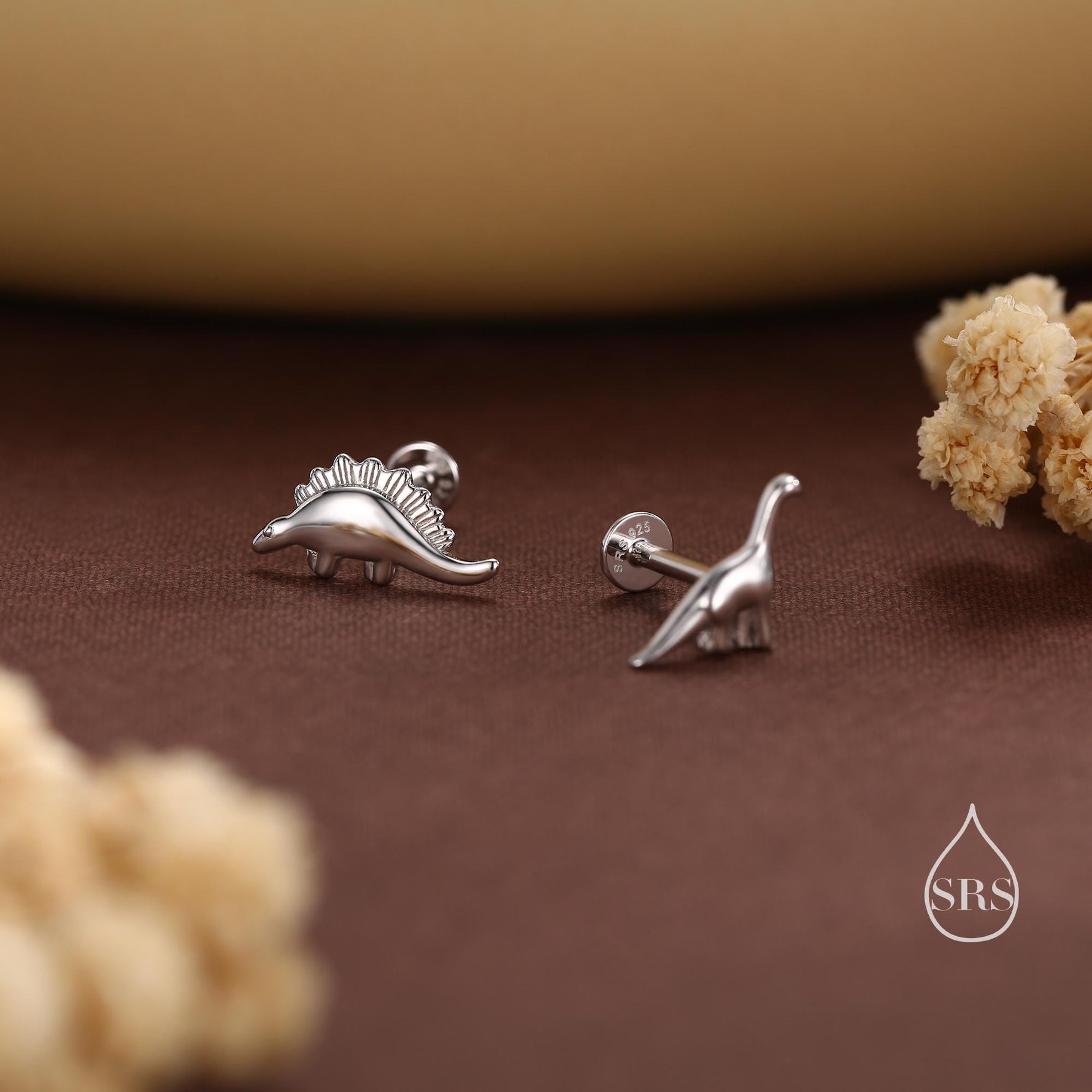 Mismatched Dinosaur Internally Threaded Flat Back /Screw Back / Stud Earrings in Sterling Silver, Silver or Gold or Rose Gold, Asymmetric