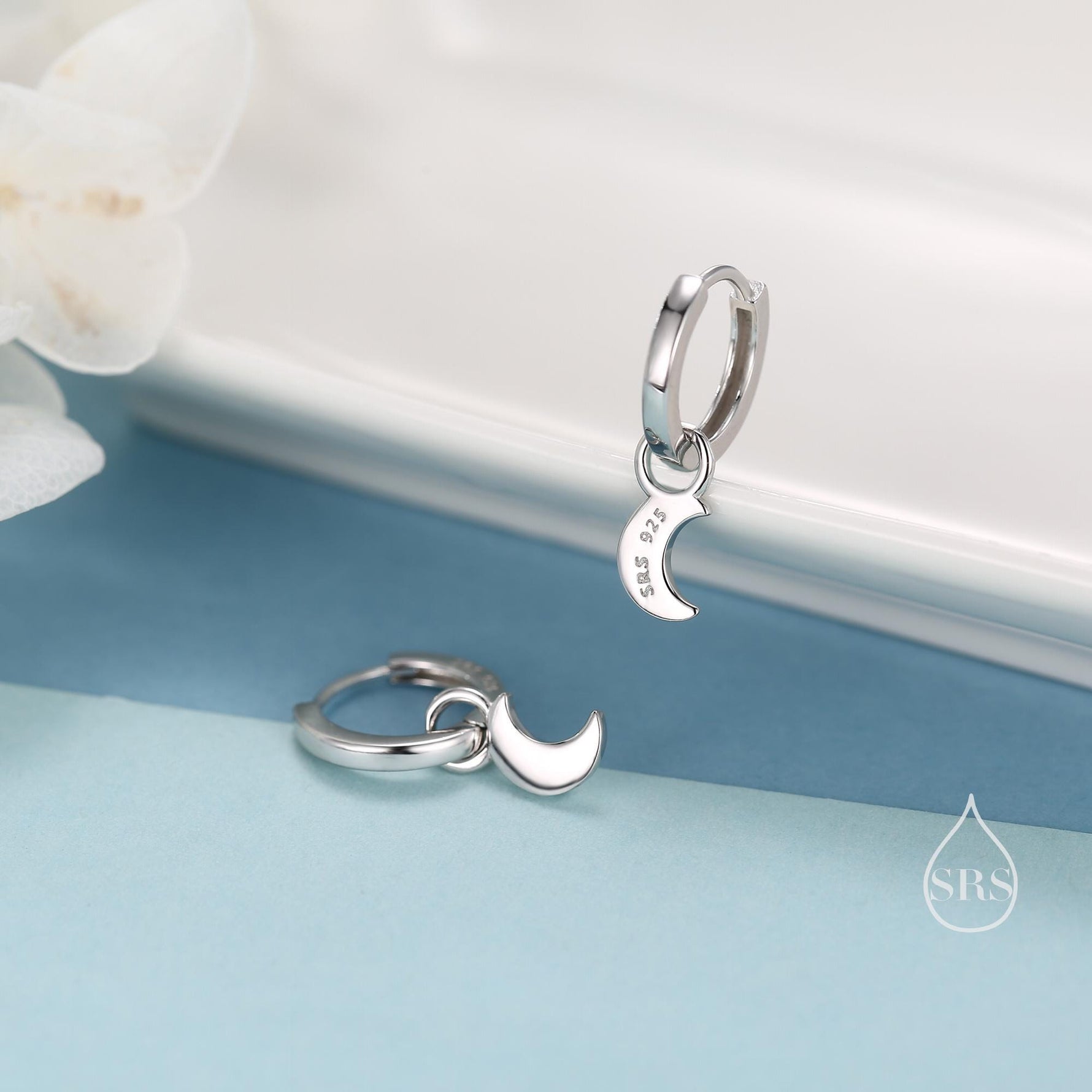 Crescent Moon Charm Huggie Hoop Earrings in Sterling Silver, Detachable Charm Hoops, Celestial Earrings, Silver, Gold and Rose Gold