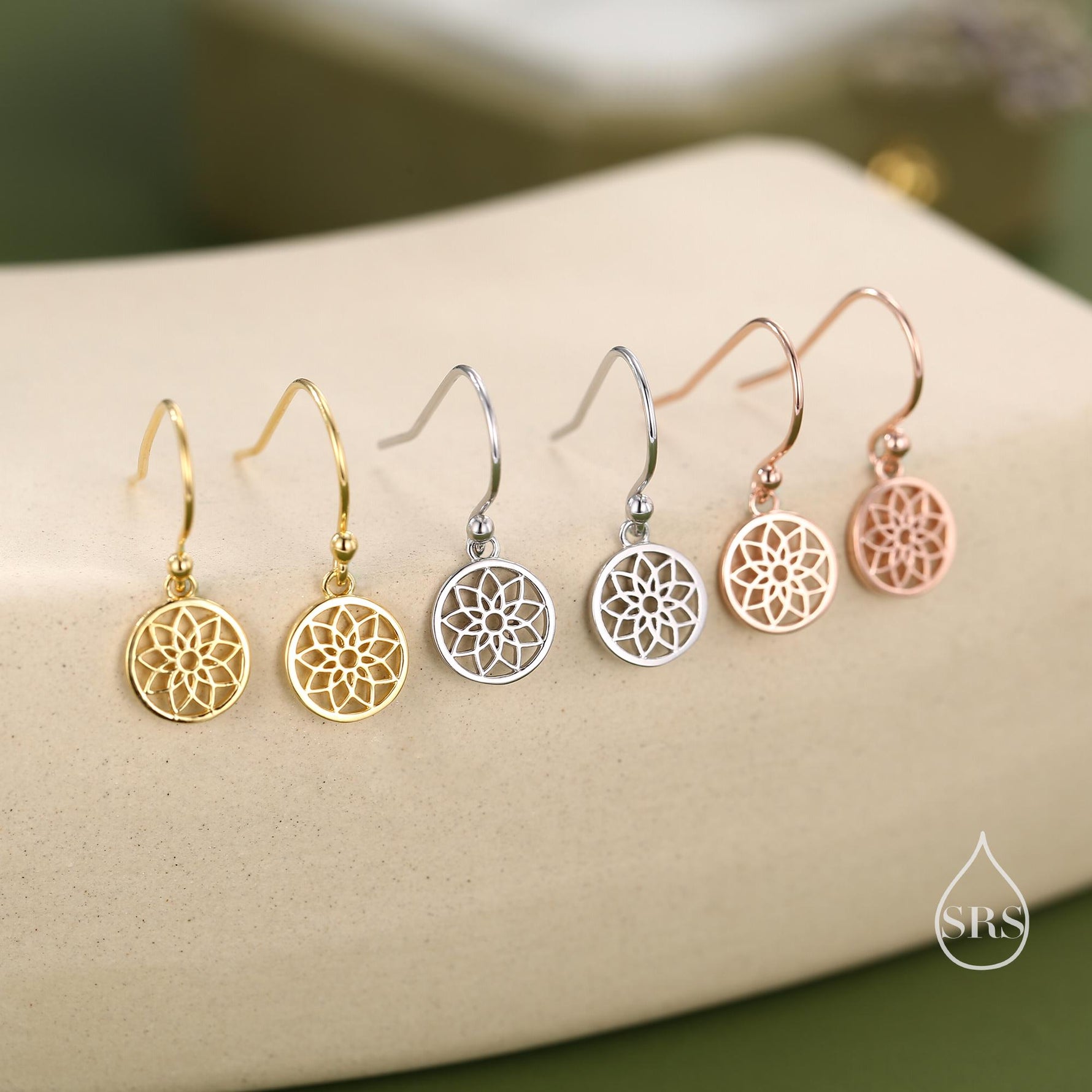 Mandala Flower Disk Dangle Drop Earrings in Sterling Silver, Silver or Gold or Rose Gold, Skinny Mandala Earrings, Mandala Flower Earrings