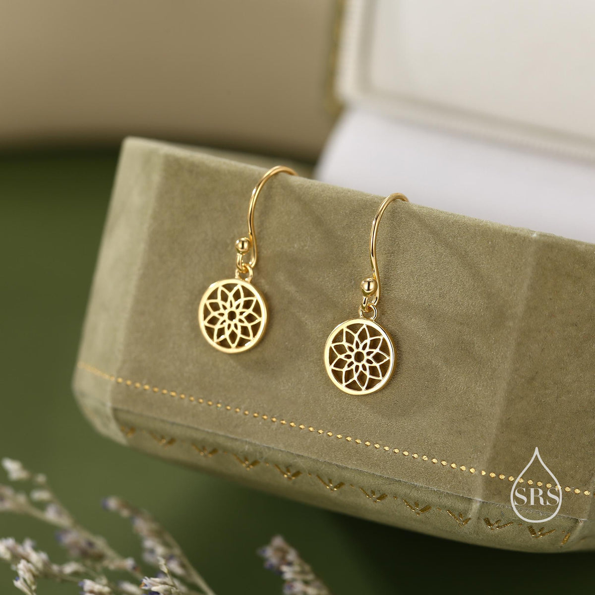 Mandala Flower Disk Dangle Drop Earrings in Sterling Silver, Silver or Gold or Rose Gold, Skinny Mandala Earrings, Mandala Flower Earrings