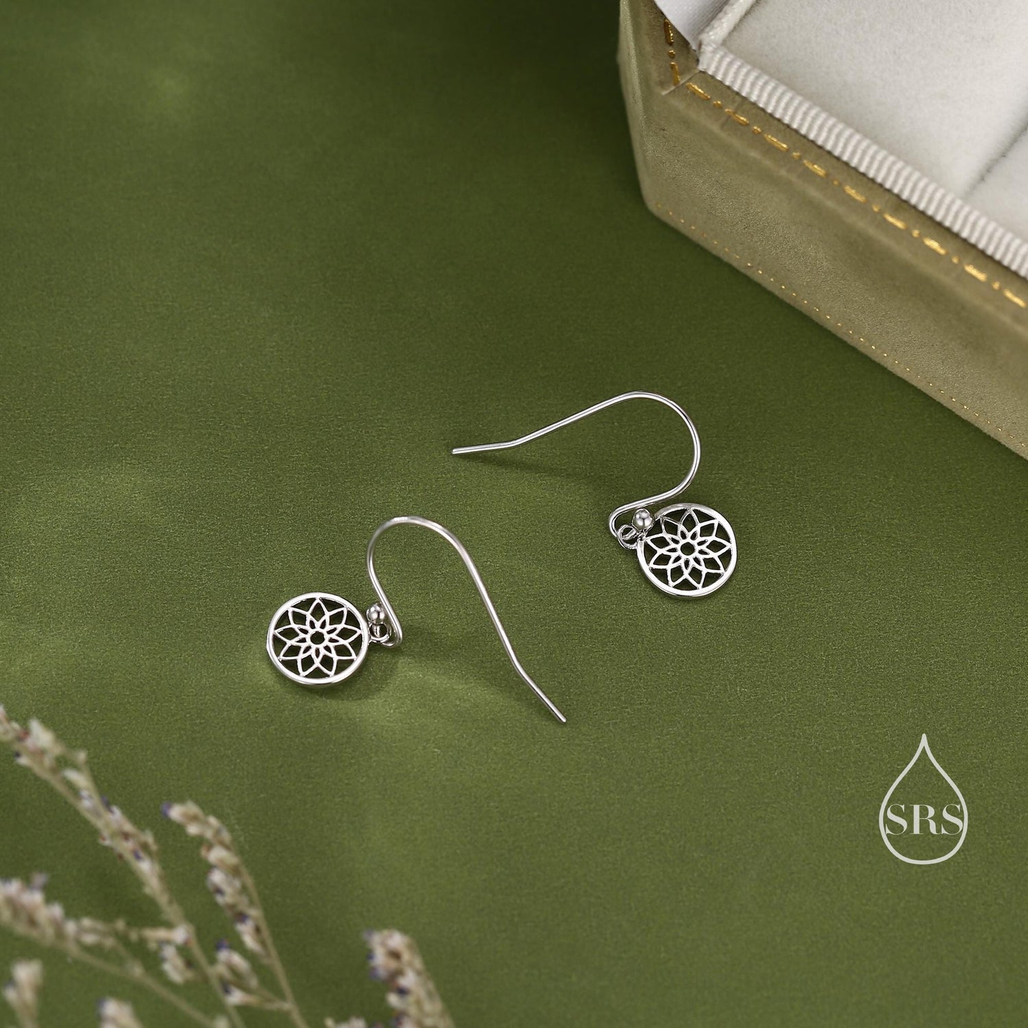 Mandala Flower Disk Dangle Drop Earrings in Sterling Silver, Silver or Gold or Rose Gold, Skinny Mandala Earrings, Mandala Flower Earrings