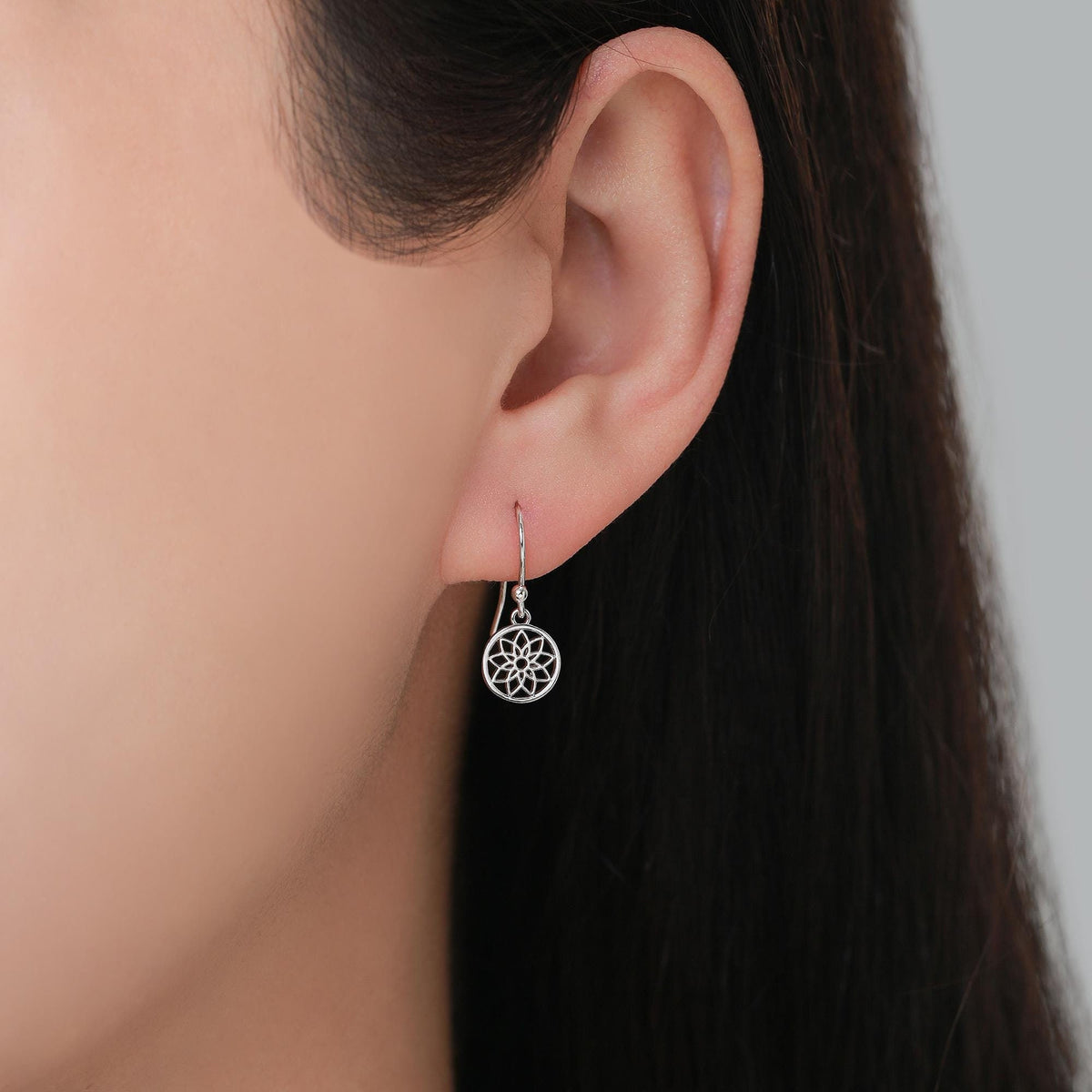 Mandala Flower Disk Dangle Drop Earrings in Sterling Silver, Silver or Gold or Rose Gold, Skinny Mandala Earrings, Mandala Flower Earrings
