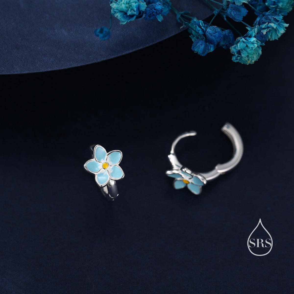 Dainty Forget Me Not Flower Huggie Hoop in Sterling Silver, Enamel Flower hoop Earrings, Forget Me Not Floral Earrings, 8mm Inner Diameter