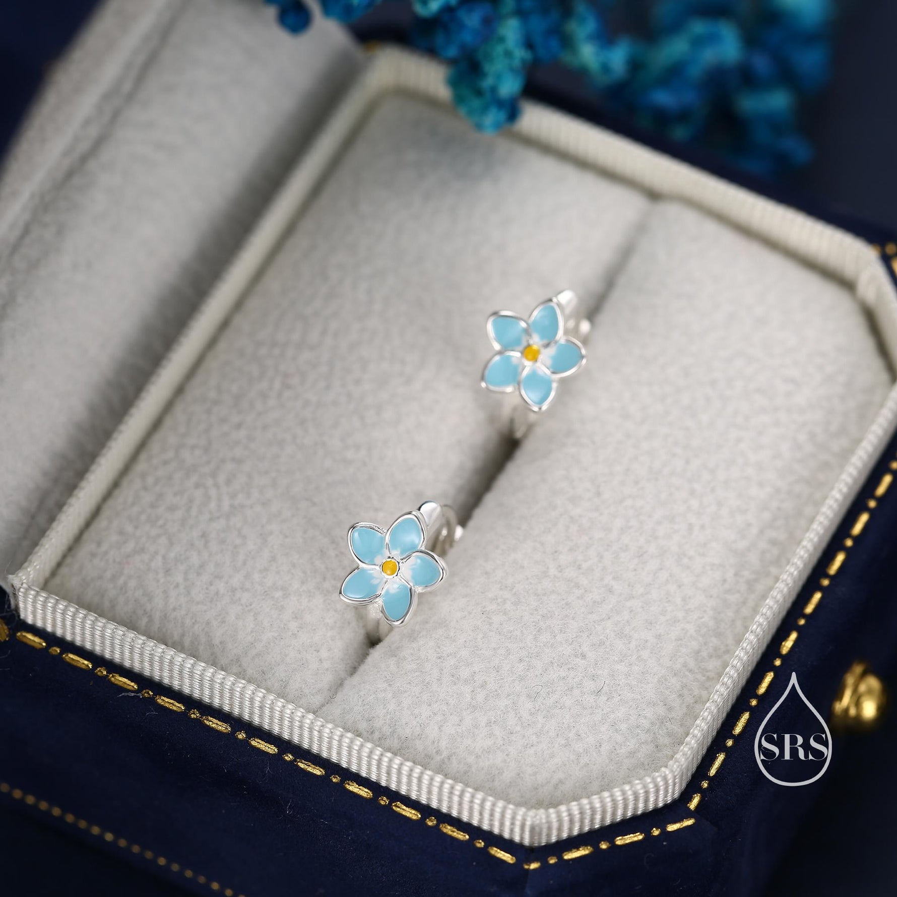 Dainty Forget Me Not Flower Huggie Hoop in Sterling Silver, Enamel Flower hoop Earrings, Forget Me Not Floral Earrings, 8mm Inner Diameter