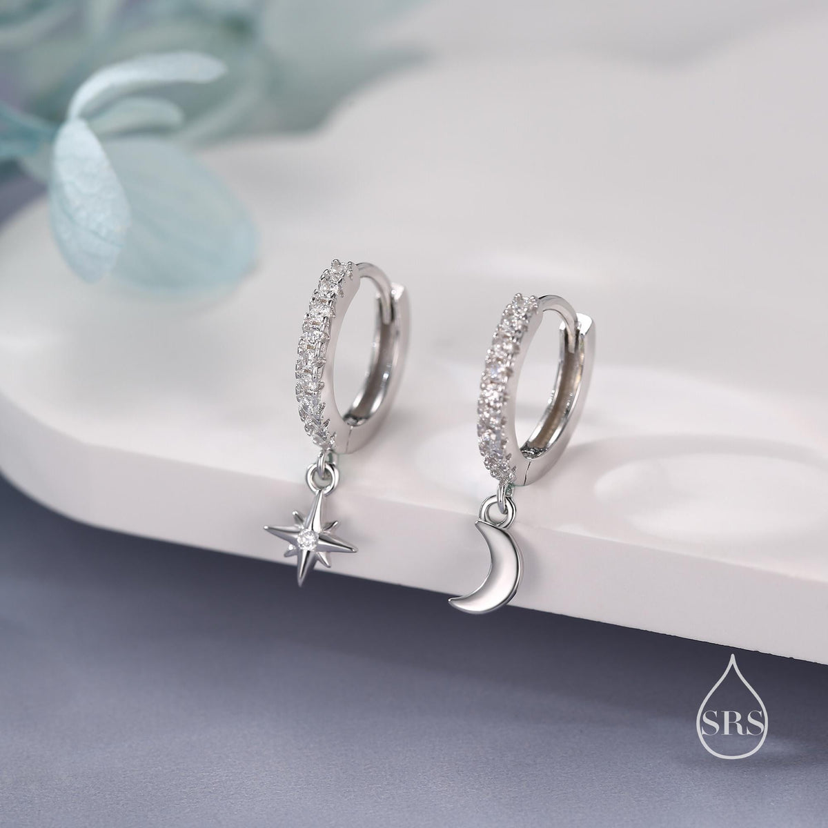 Mismatched Moon and Star CZ Hoop Earrings