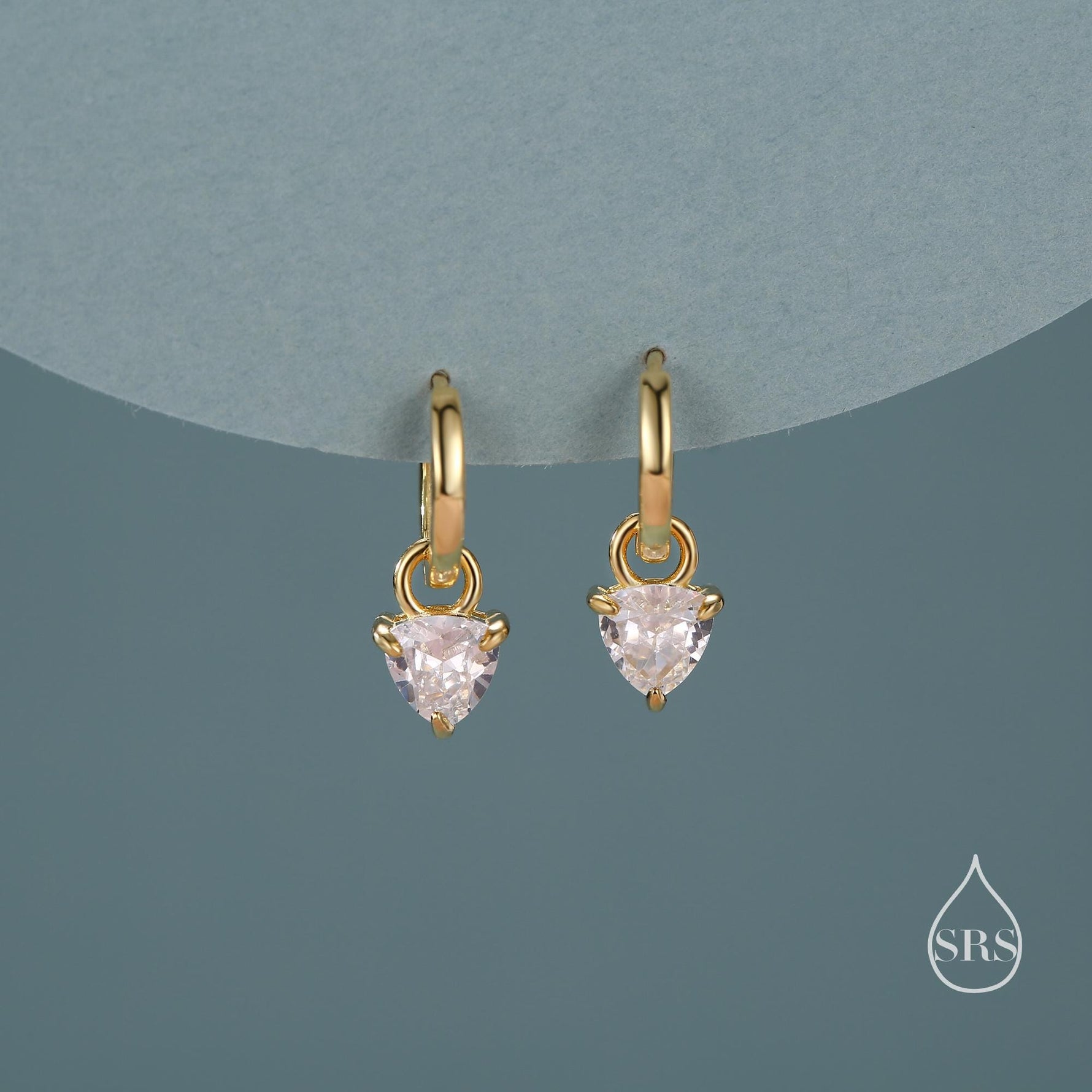 Sterling Silver Trillion Cut CZ Hoop Earrings, Silver, Gold or Rose Gold, Triangle Dangle Hoop Earrings, Interchangeable Charms
