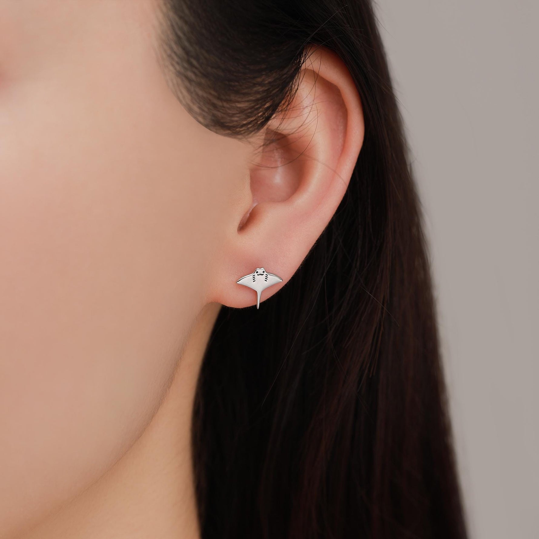 Mismatched Kawaii Hammerhead Shark & Manta Ray 16G Internally Threaded Flat Back Earrings in Sterling Silver, Animal Earrings