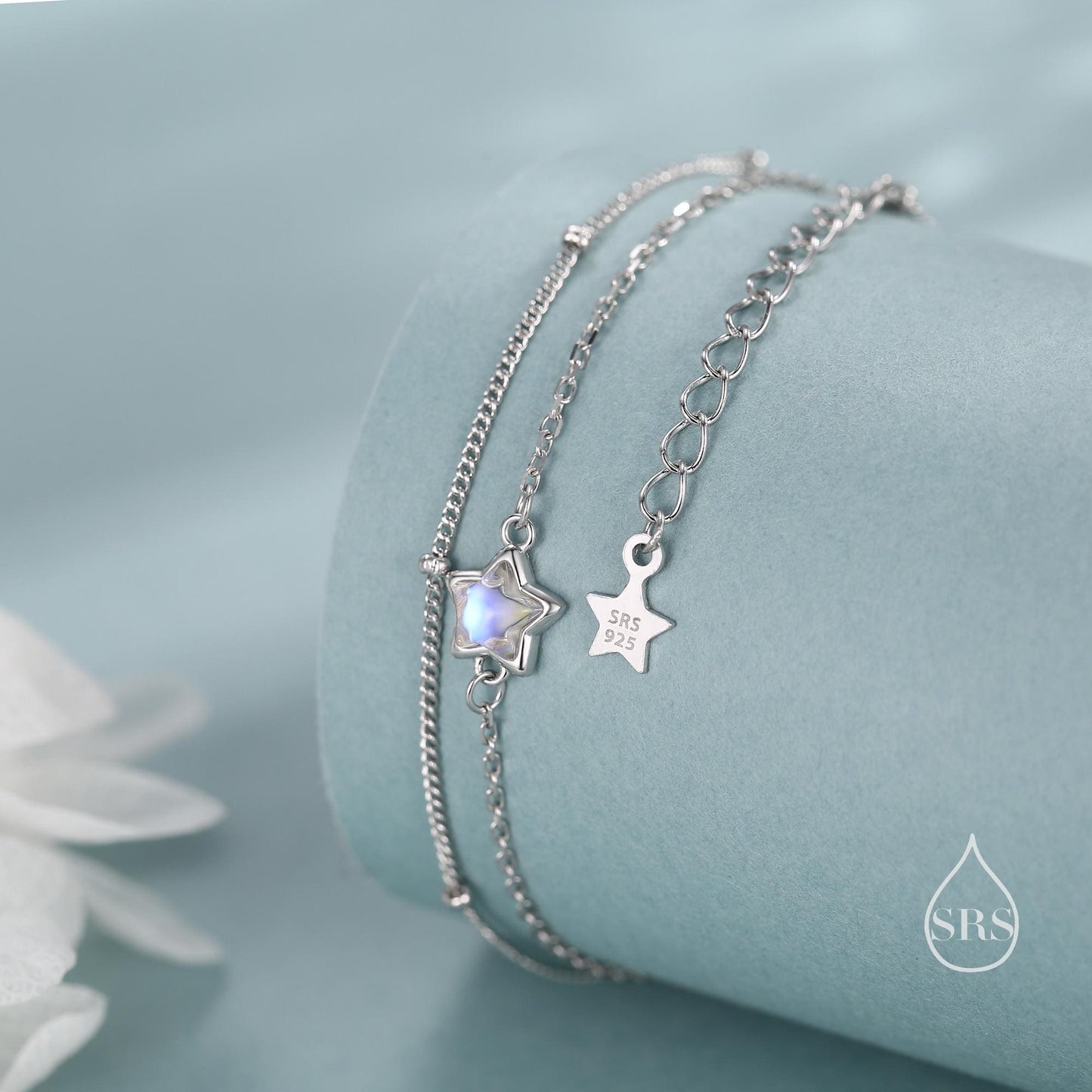 Simulated Moonstone Star Two Layer Bracelet in Sterling Silver, Silver or Gold or Rose Gold, Double Layer Star Starburst Bracelet