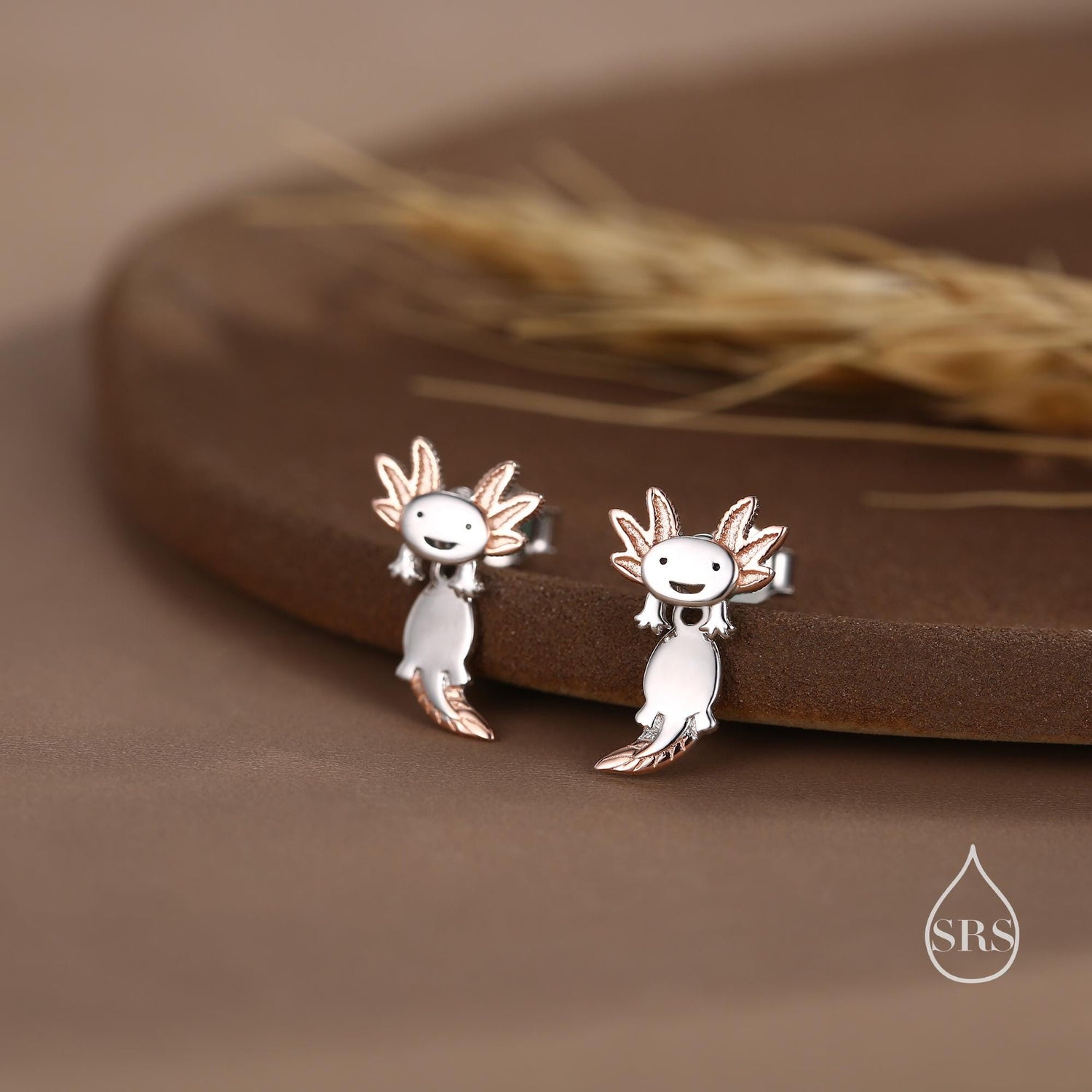 Tiny Cute Axolotl Two Part Stud Earrings in Sterling Silver - Silver Sea Creature Ear Jackets - Tiny Earrings - Cute, Fun, Whimsical