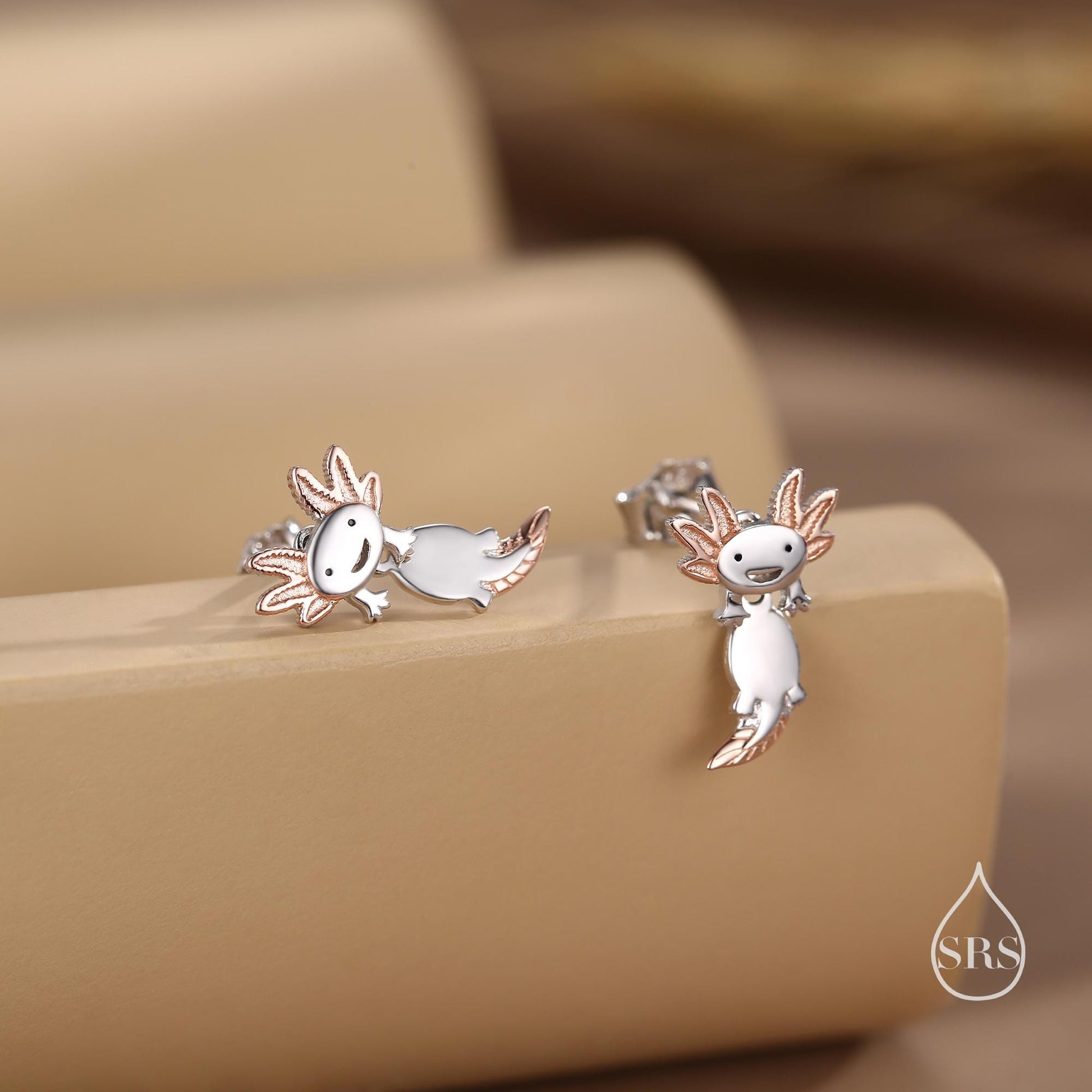 Tiny Cute Axolotl Two Part Stud Earrings in Sterling Silver - Silver Sea Creature Ear Jackets - Tiny Earrings - Cute, Fun, Whimsical