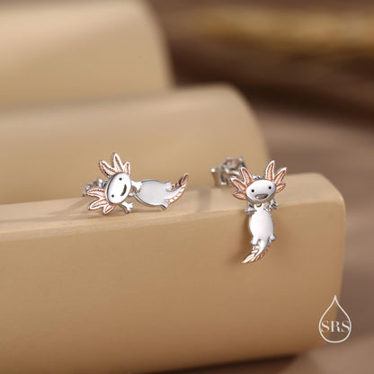 Tiny Cute Axolotl Two Part Stud Earrings in Sterling Silver - Silver Sea Creature Ear Jackets - Tiny Earrings - Cute, Fun, Whimsical