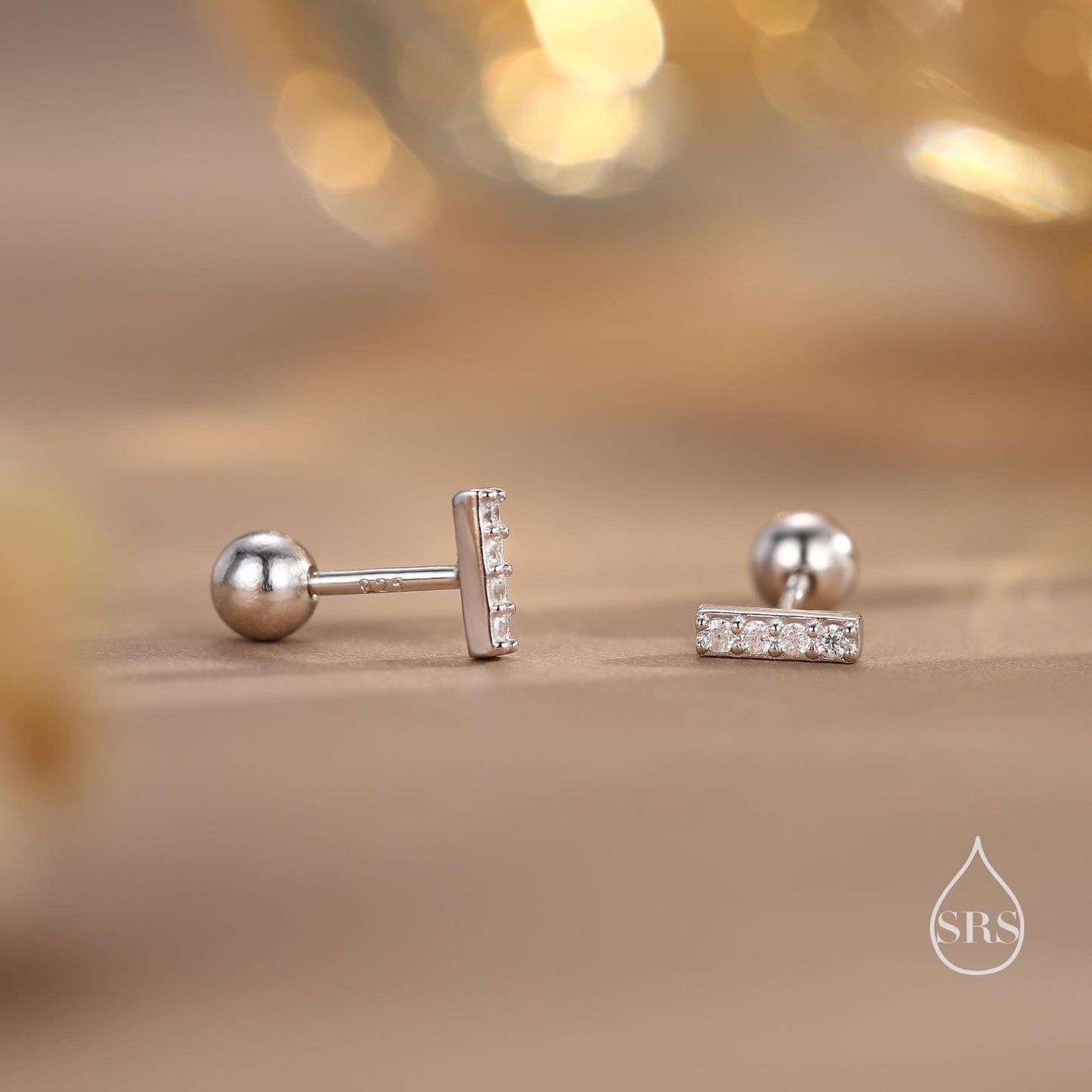 Extra Tiny CZ Bar Stud / Screw Back Earrings in Sterling Silver, Silver or Gold or Rose Gold, Stacking Barbell Earrings, Helix Earrings