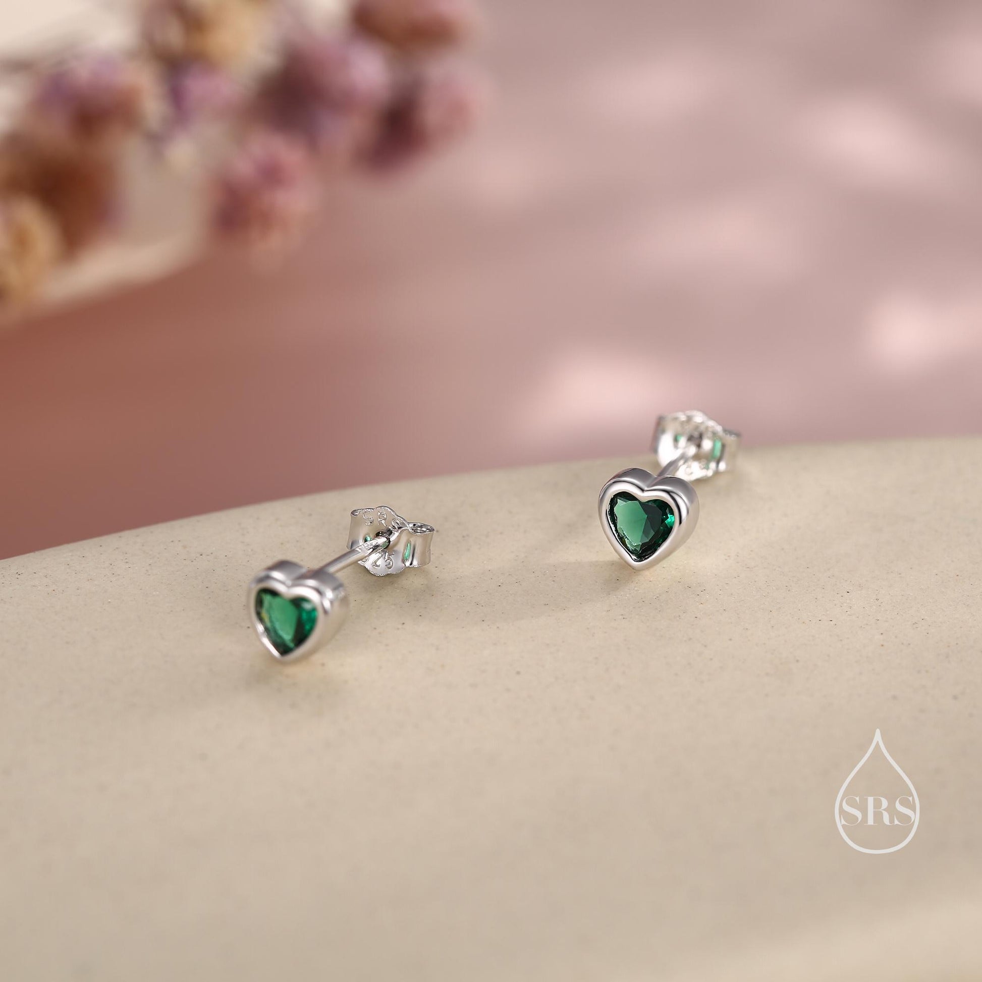Tiny Emerald Green CZ Heart Stud Earrings in Sterling Silver, Silver or Gold, Green Crystal Heart Earrings, Stacking Earrings