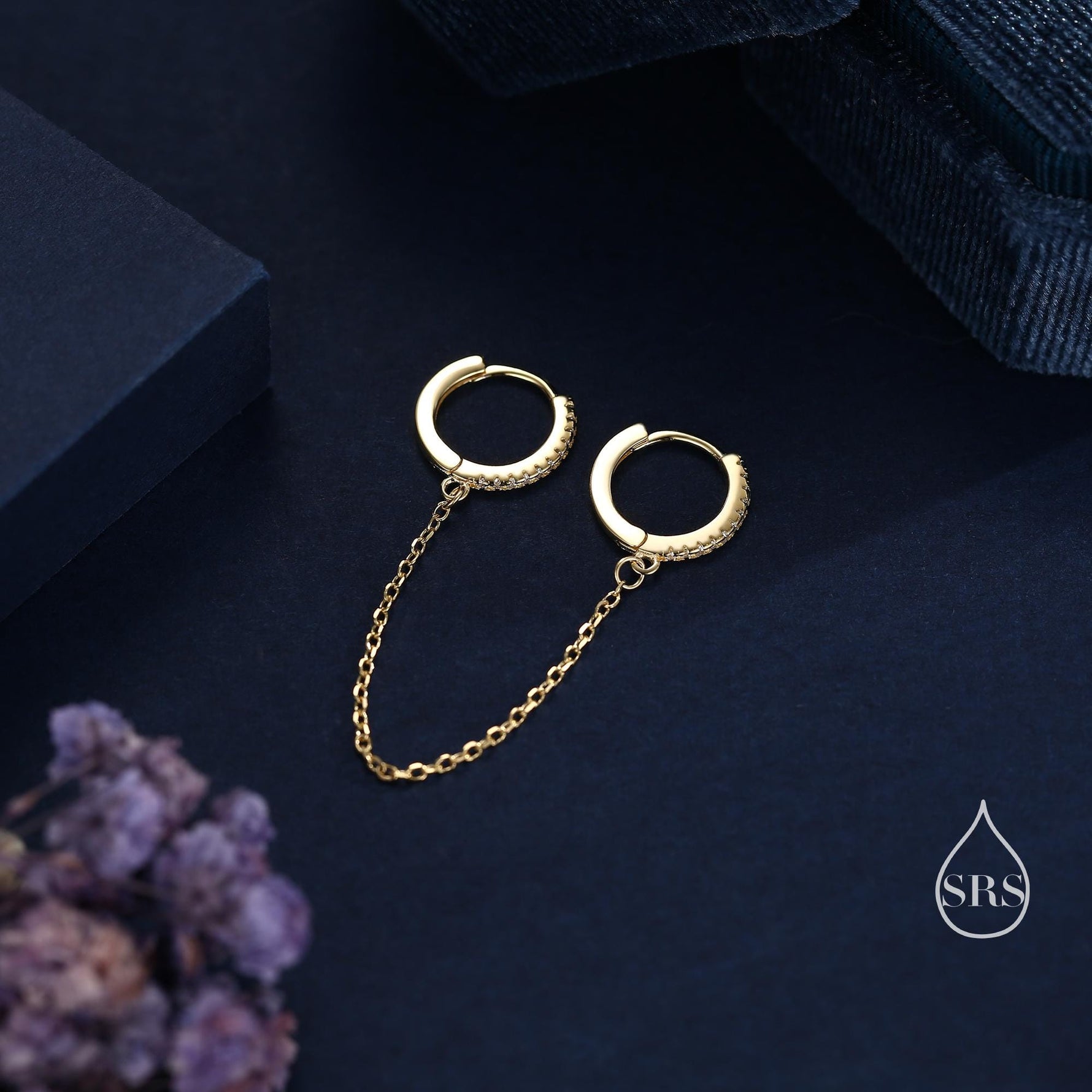 CZ Huggie Hoop Earrings with a Linking Chain, Chained Hoop Earrings, Linked Hoops, Linked Crystal Hoops