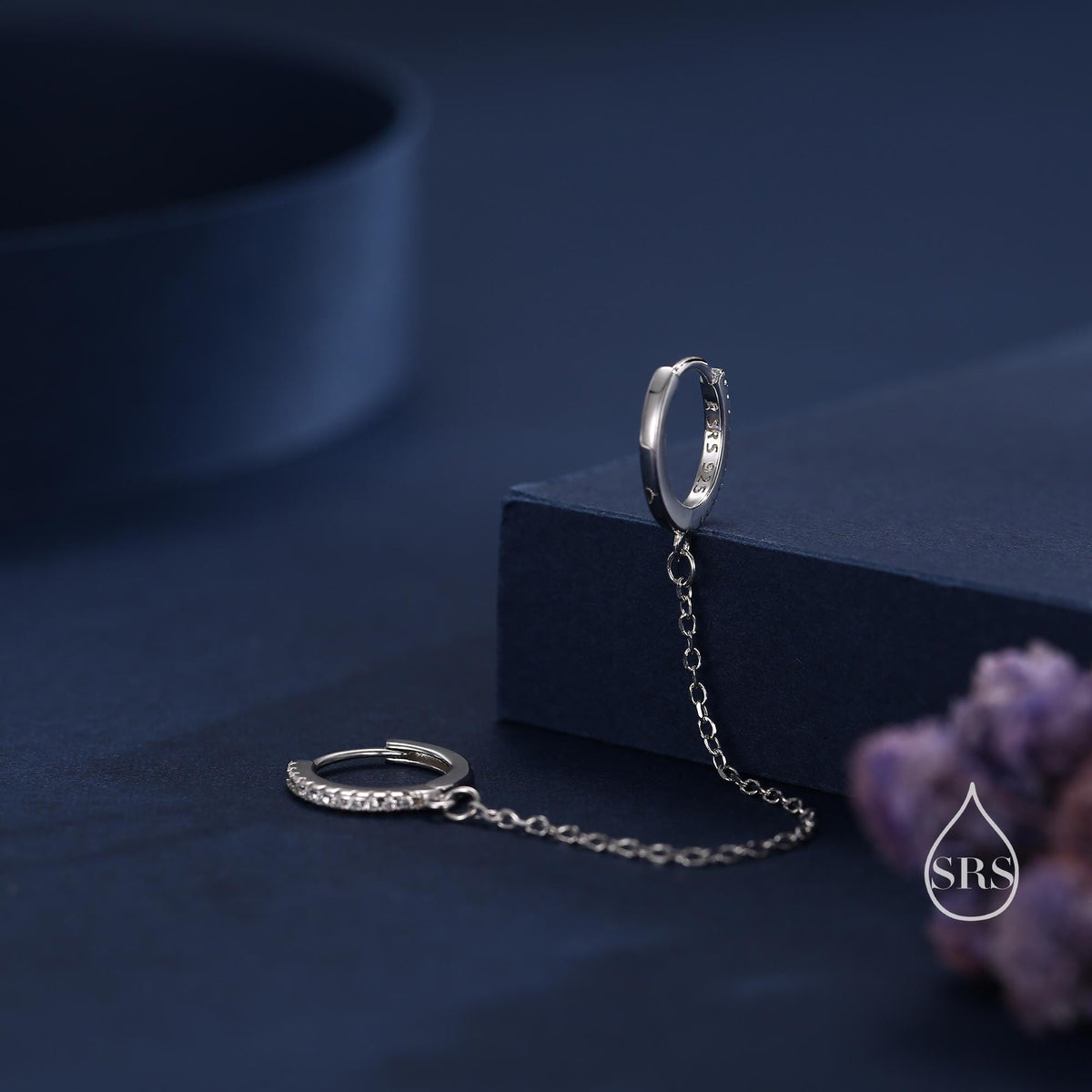 CZ Huggie Hoop Earrings with a Linking Chain, Chained Hoop Earrings, Linked Hoops, Linked Crystal Hoops
