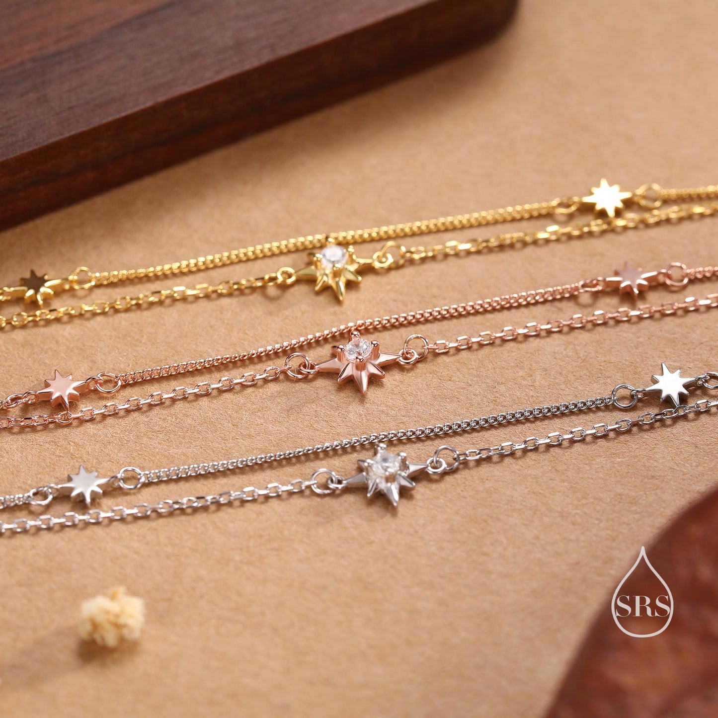 Starburst Two Layer Bracelet in Sterling Silver with Star Motif, Silver or Gold or Rose Gold, Double Layer Star Bracelet, Starburst Bracelet