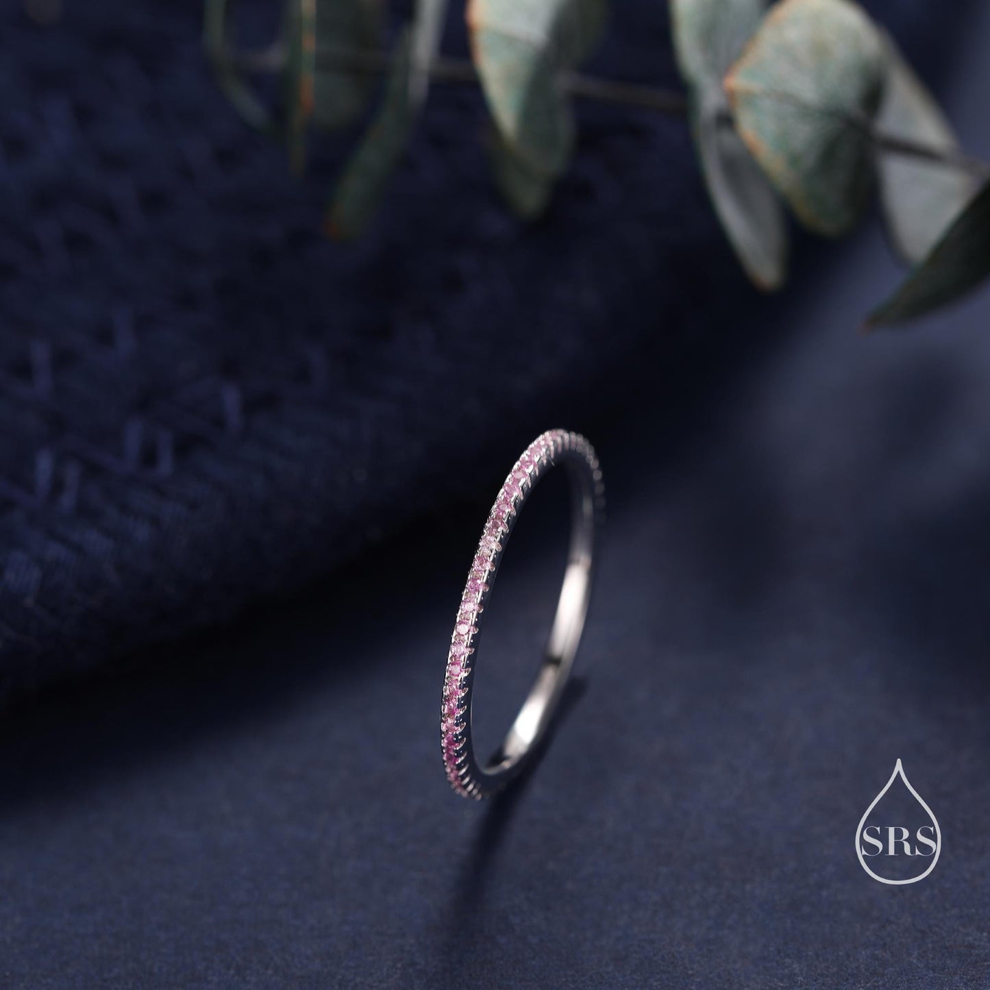 Extra Skinny  Pink CZ Pave Ring in Sterling Silver, Silver or Gold Finish, Eternity Ring, US 5 - 8