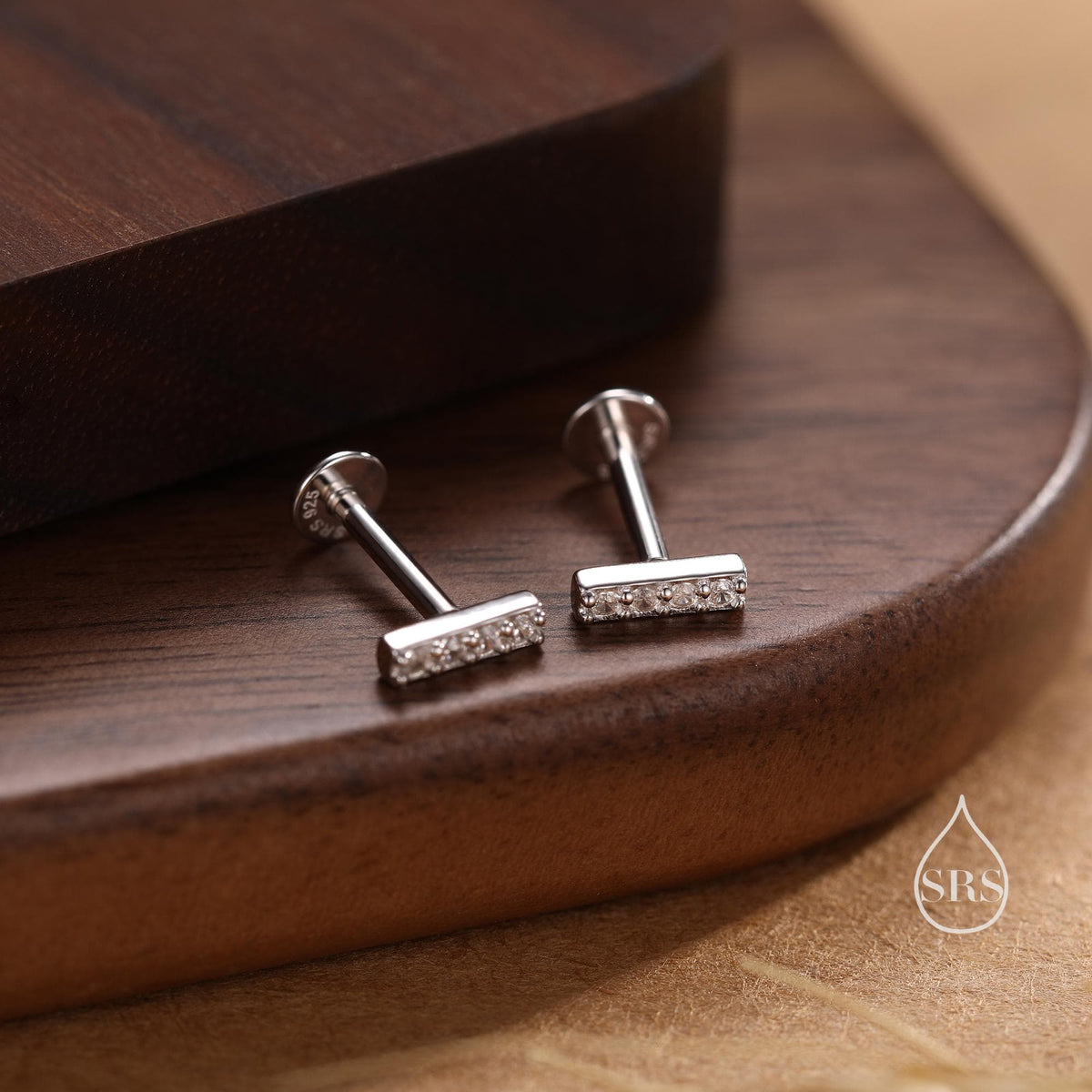 Extra Tiny CZ Bar 16G Internally Threaded Flat Back Earrings in Sterling Silver